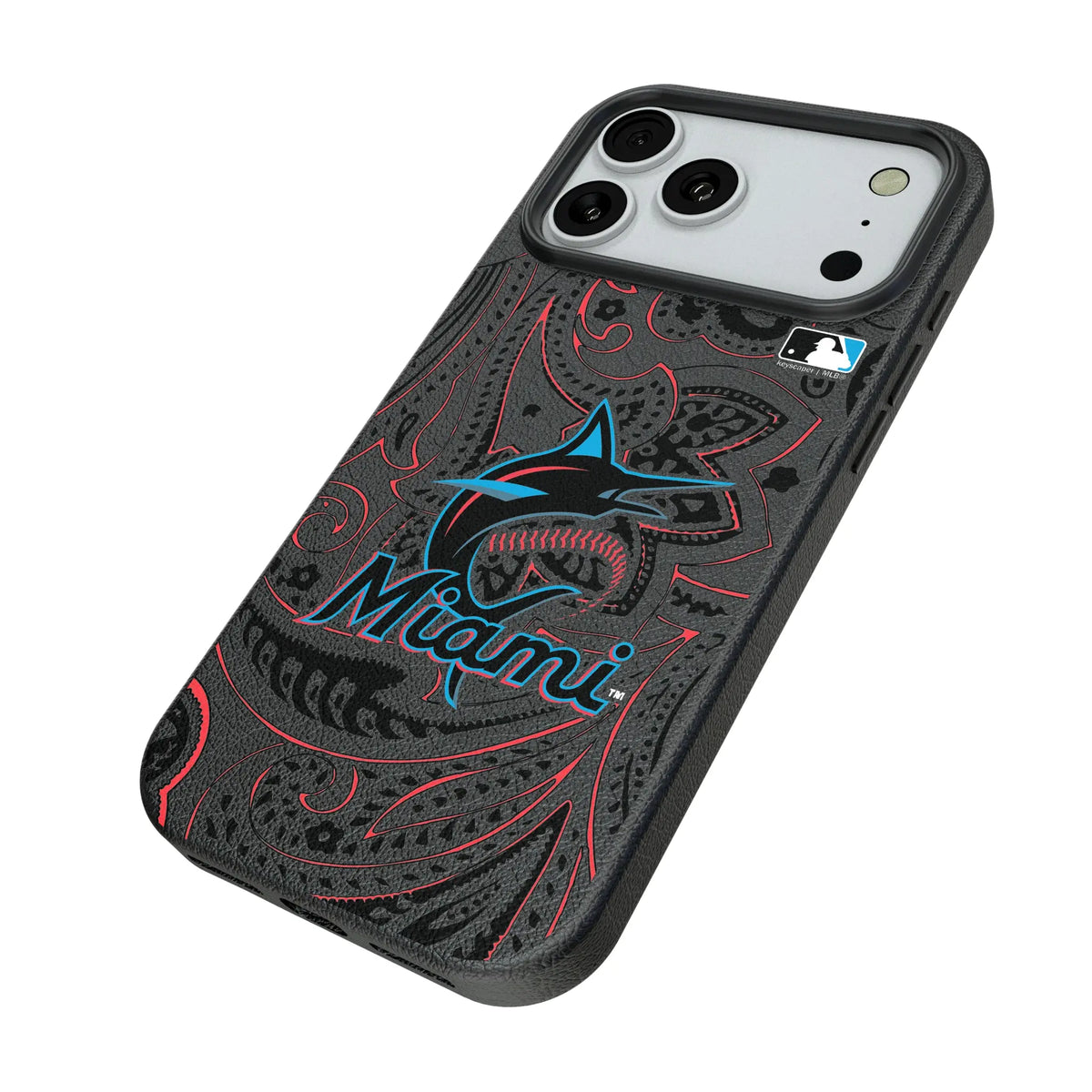 Miami Marlins Paisley iPhone MagSafe Compatible Phone Case for Apple iPhone - Isometric View#Device_iPhone 18 Pro Max
