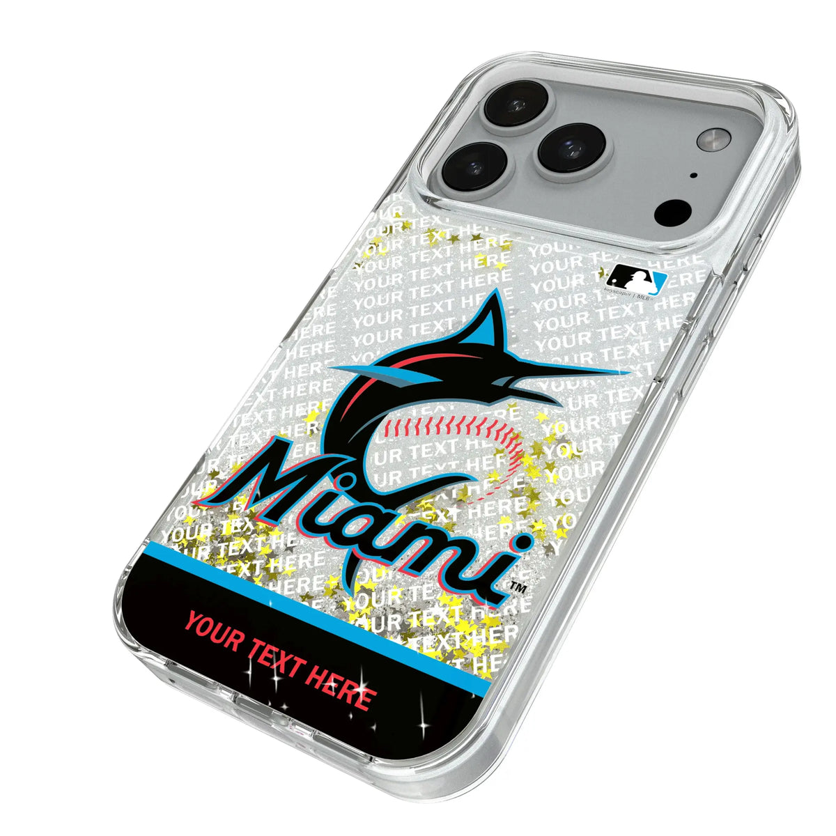Miami Marlins Personalized EndZone Plus iPhone Glitter Phone Case for Apple iPhone - Isometric View#Device_iPhone 18 Pro