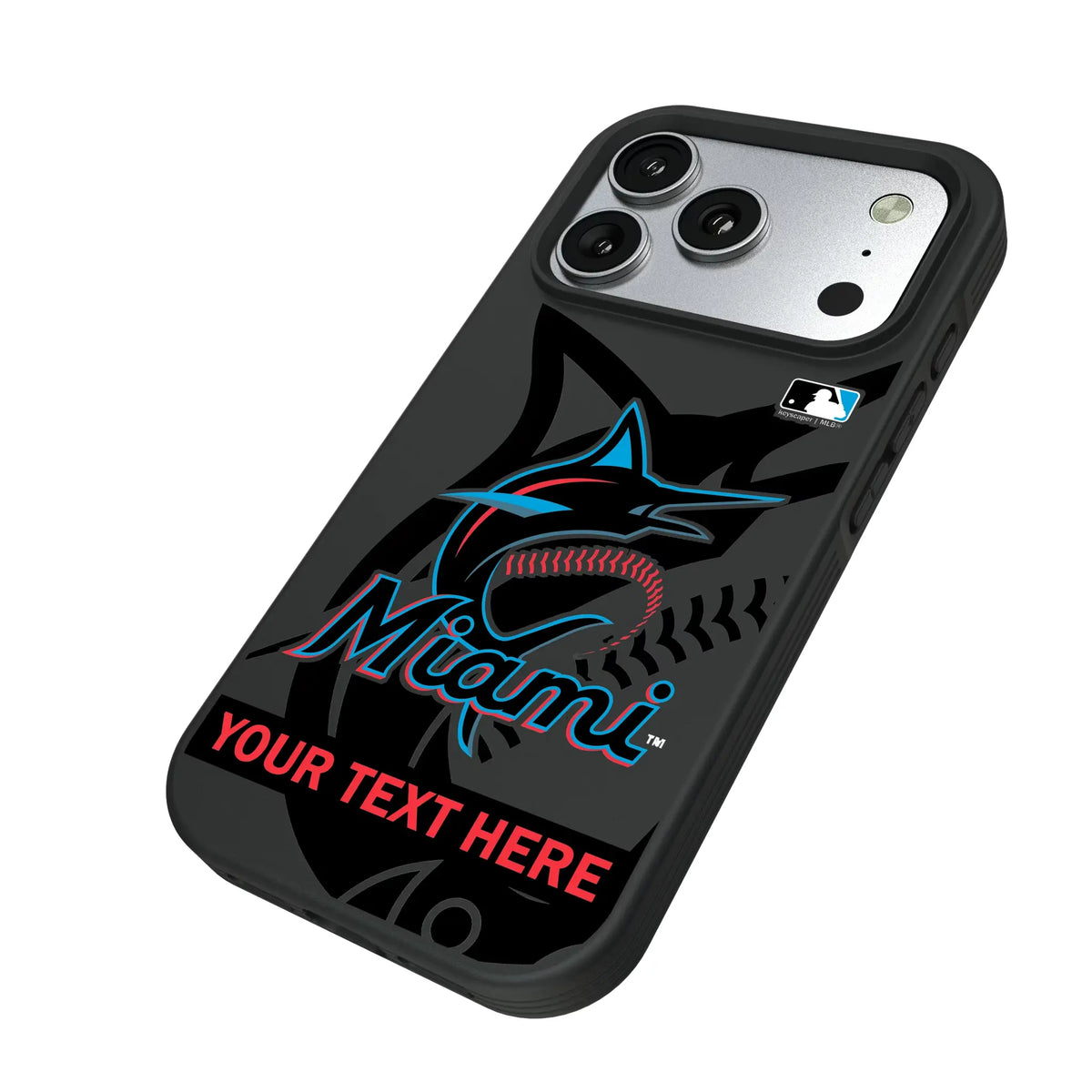 Miami Marlins Personalized Tilt iPhone Bump Phone Case for Apple iPhone - Isometric View#Device_iPhone 17 Pro