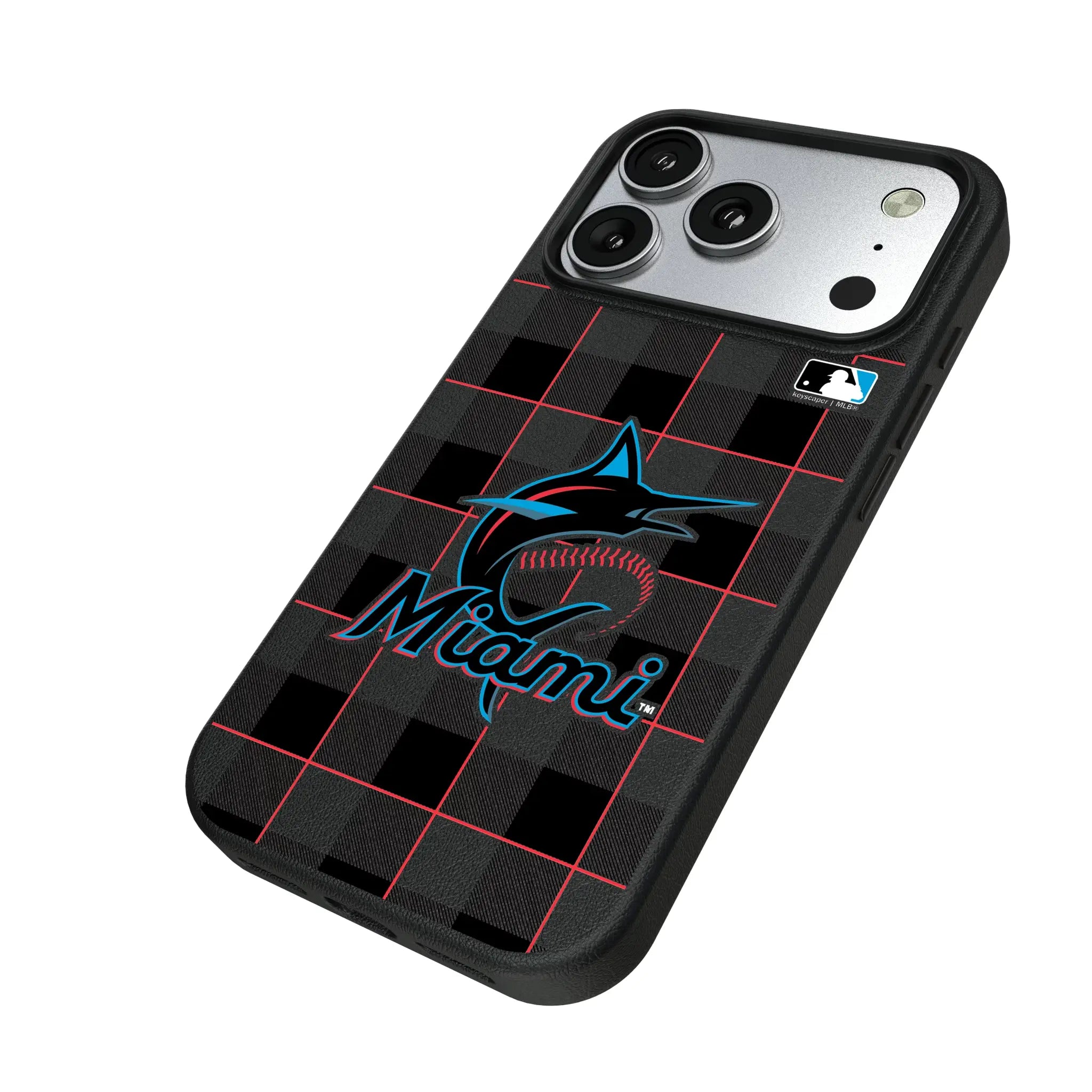 Miami Marlins Plaid iPhone MagSafe Compatible Phone Case for Apple iPhone - Isometric View#Device_iPhone 17 Pro