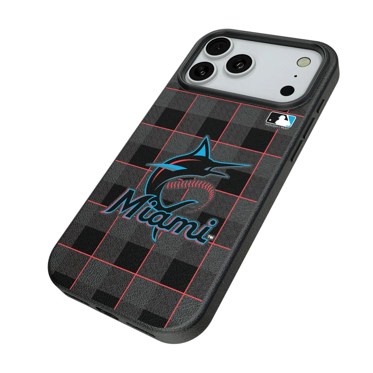 Miami Marlins Plaid iPhone MagSafe Compatible Phone Case for Apple iPhone - Isometric View#Device_iPhone 18 Pro Max
