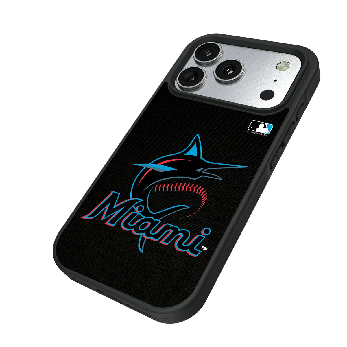 Miami Marlins Solid iPhone Bump Phone Case for Apple iPhone - Isometric View#Device_iPhone 17 Pro