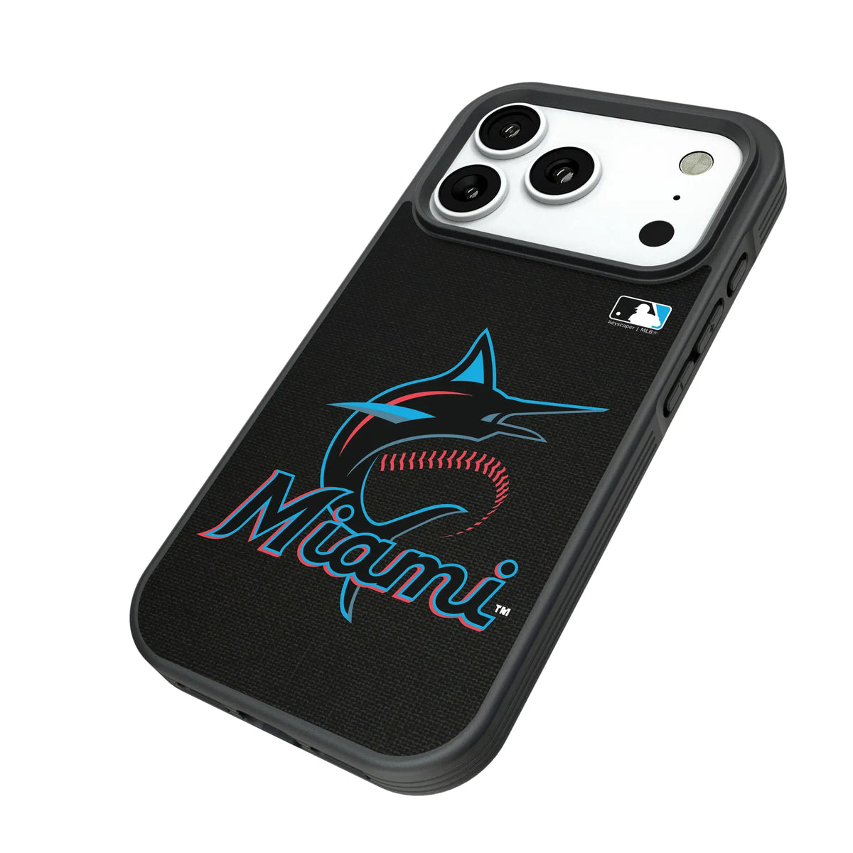 Miami Marlins Solid iPhone Bump Phone Case for Apple iPhone - Isometric View#Device_iPhone 18 Pro