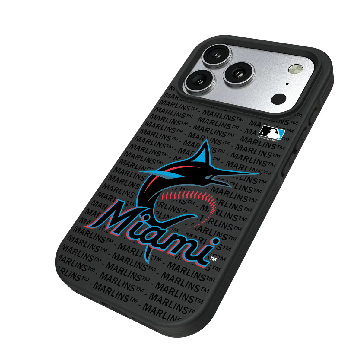 Miami Marlins Text Backdrop iPhone Bump Phone Case for Apple iPhone - Isometric View#Device_iPhone 17 Pro