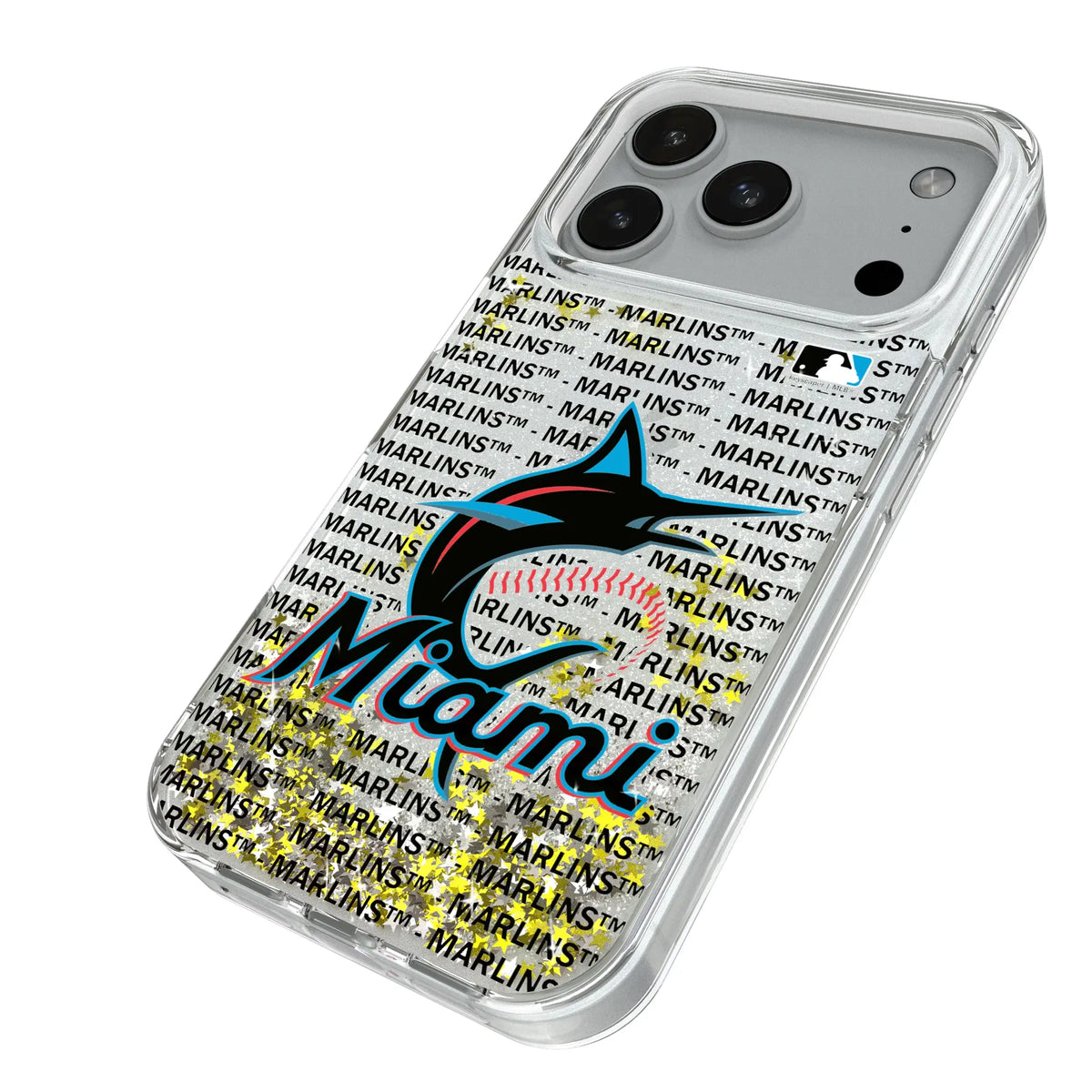 Miami Marlins Text Backdrop iPhone Glitter Phone Case for Apple iPhone - Isometric View#Device_iPhone 18 Pro