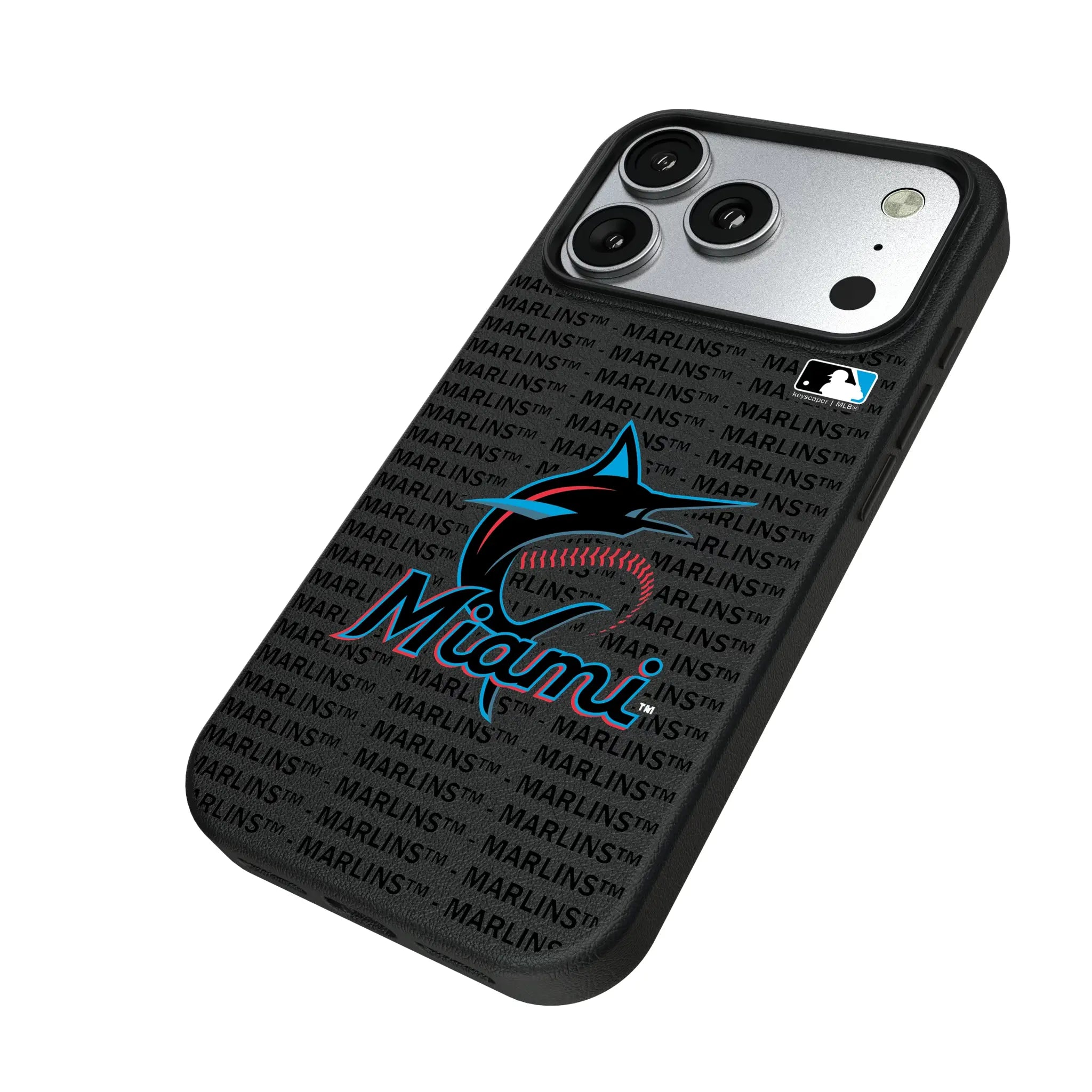 Miami Marlins Text Backdrop iPhone MagSafe Compatible Phone Case for Apple iPhone - Isometric View#Device_iPhone 17 Pro