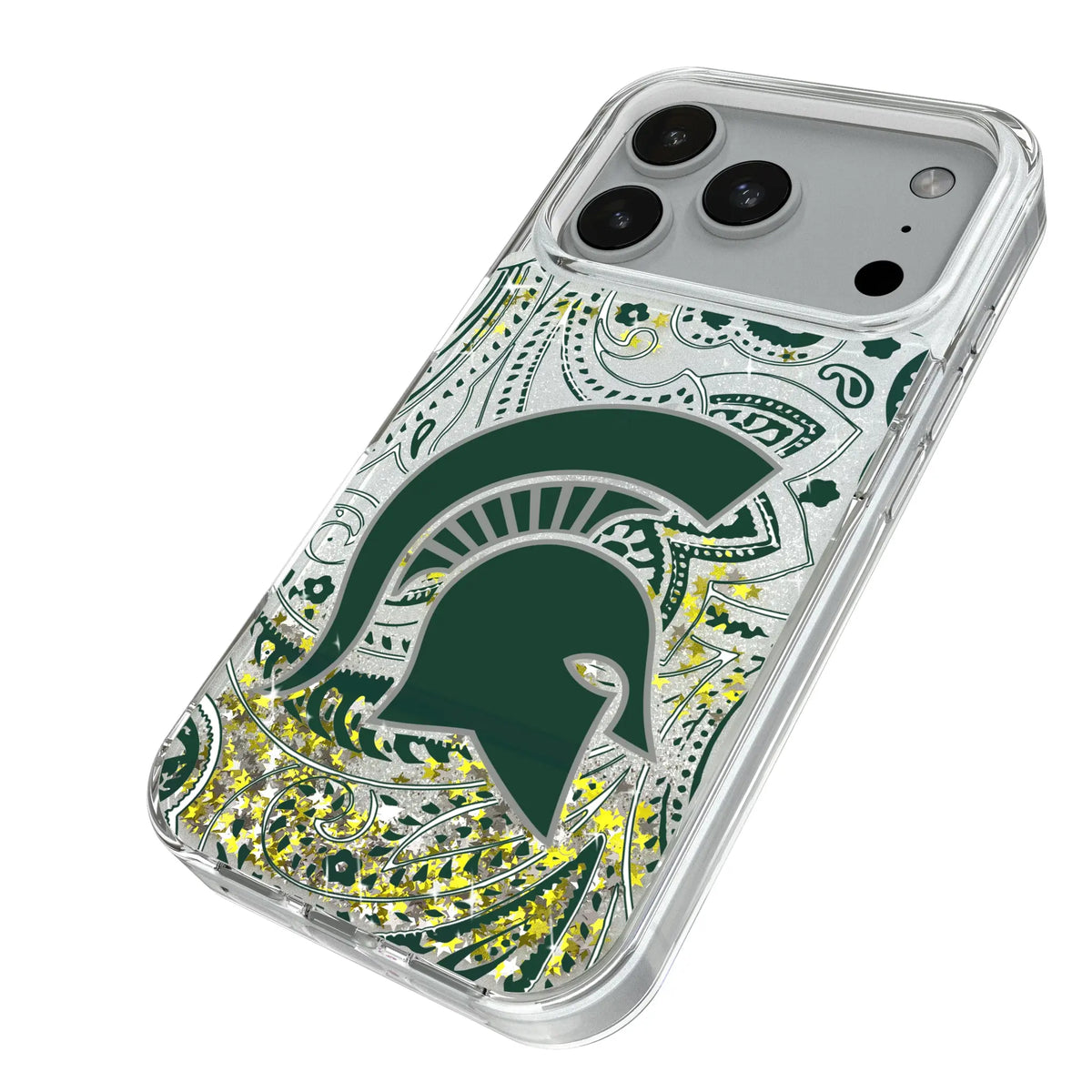 Michigan State University Spartans Paisley iPhone Glitter Phone Case for Apple iPhone - Isometric View#Device_iPhone 18 Pro