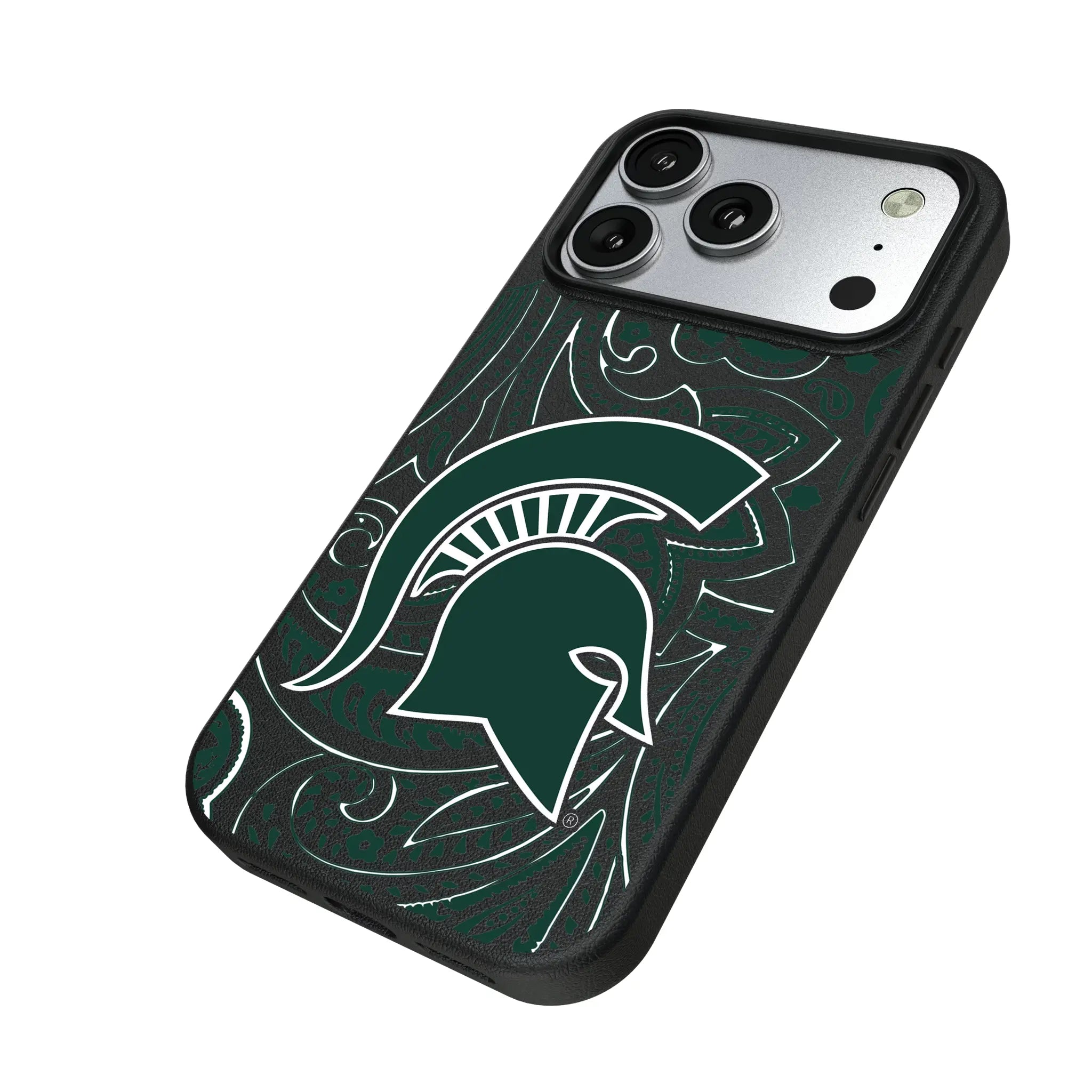 Michigan State University Spartans Paisley iPhone MagSafe Compatible Phone Case for Apple iPhone - Isometric View#Device_iPhone 17 Pro