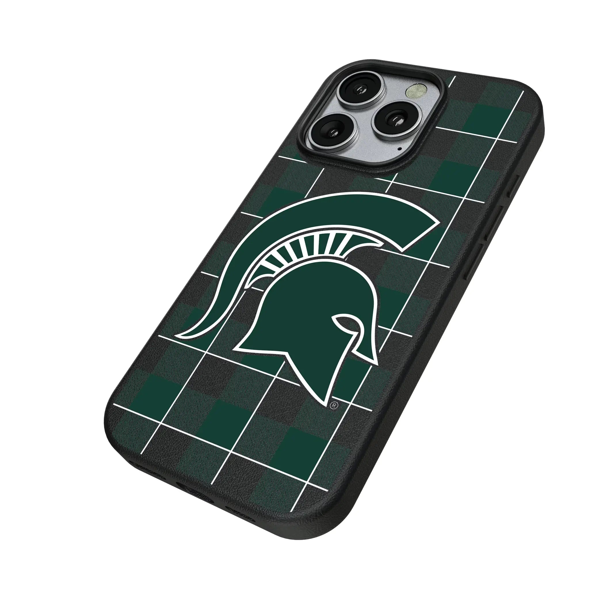 Michigan State University Spartans Plaid iPhone MagSafe Compatible Phone Case for Apple iPhone - Isometric View