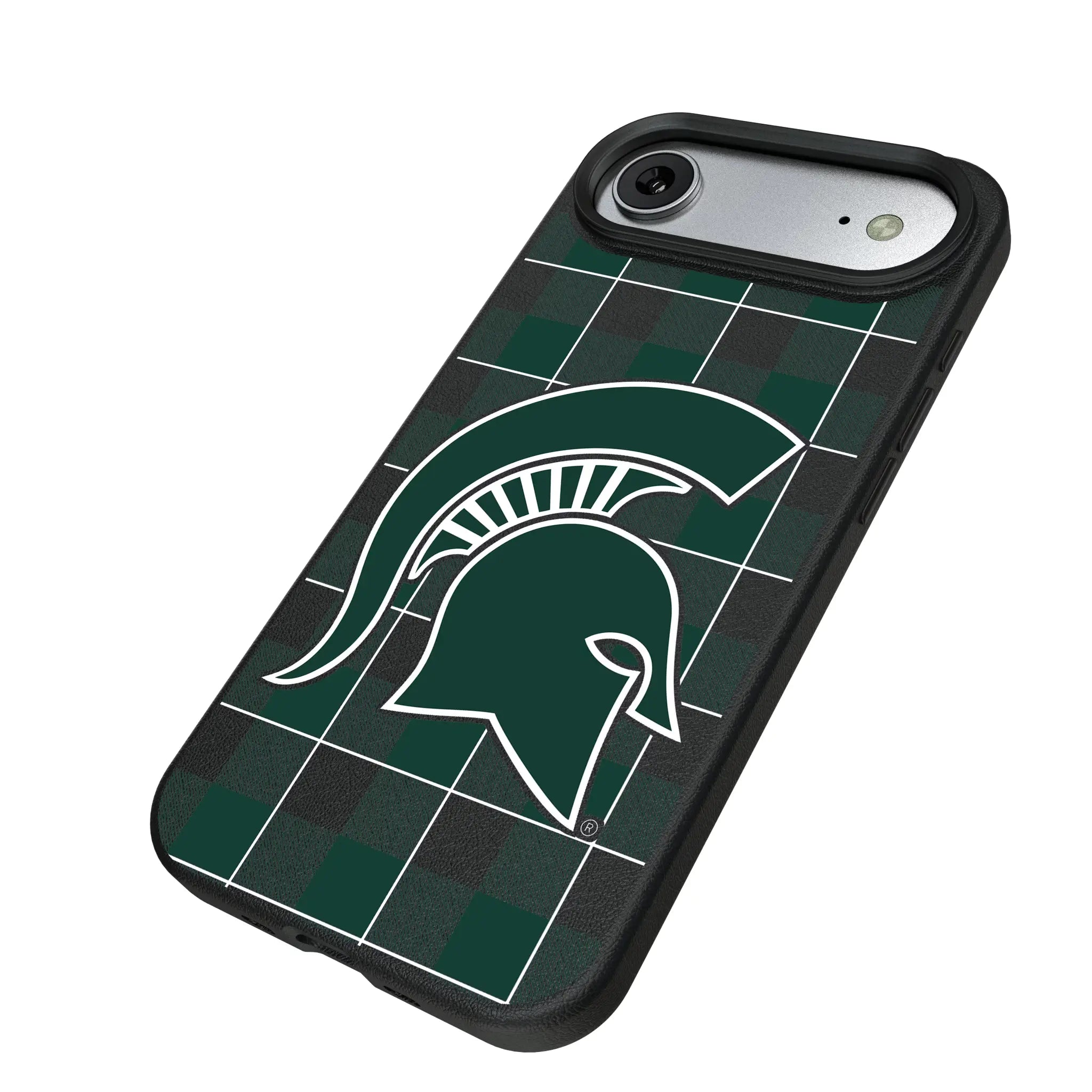 Michigan State University Spartans Plaid iPhone MagSafe Compatible Phone Case for Apple iPhone - Isometric View#Device_iPhone Air