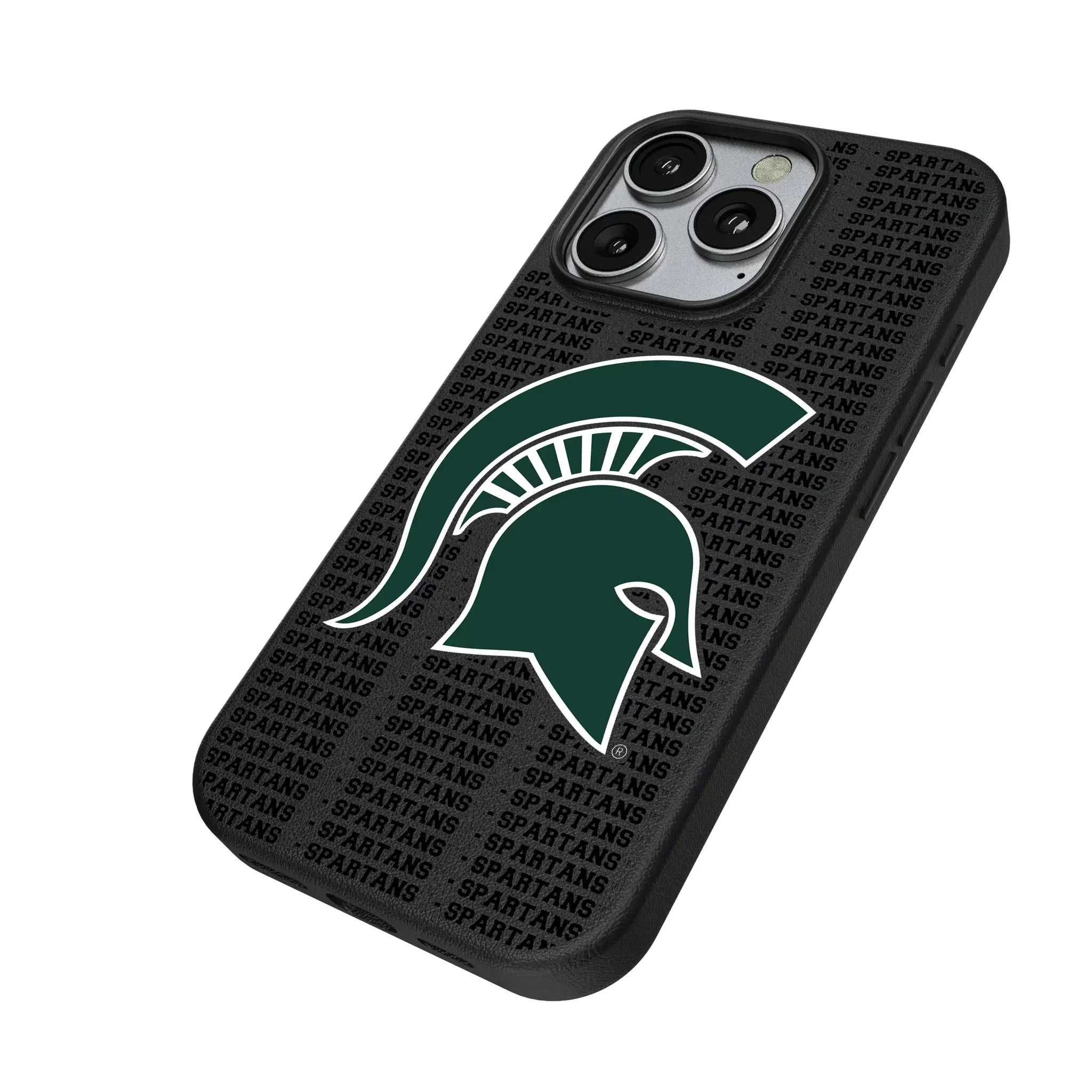 Michigan State University Spartans Text Backdrop iPhone MagSafe Compatible Phone Case for Apple iPhone - Isometric View