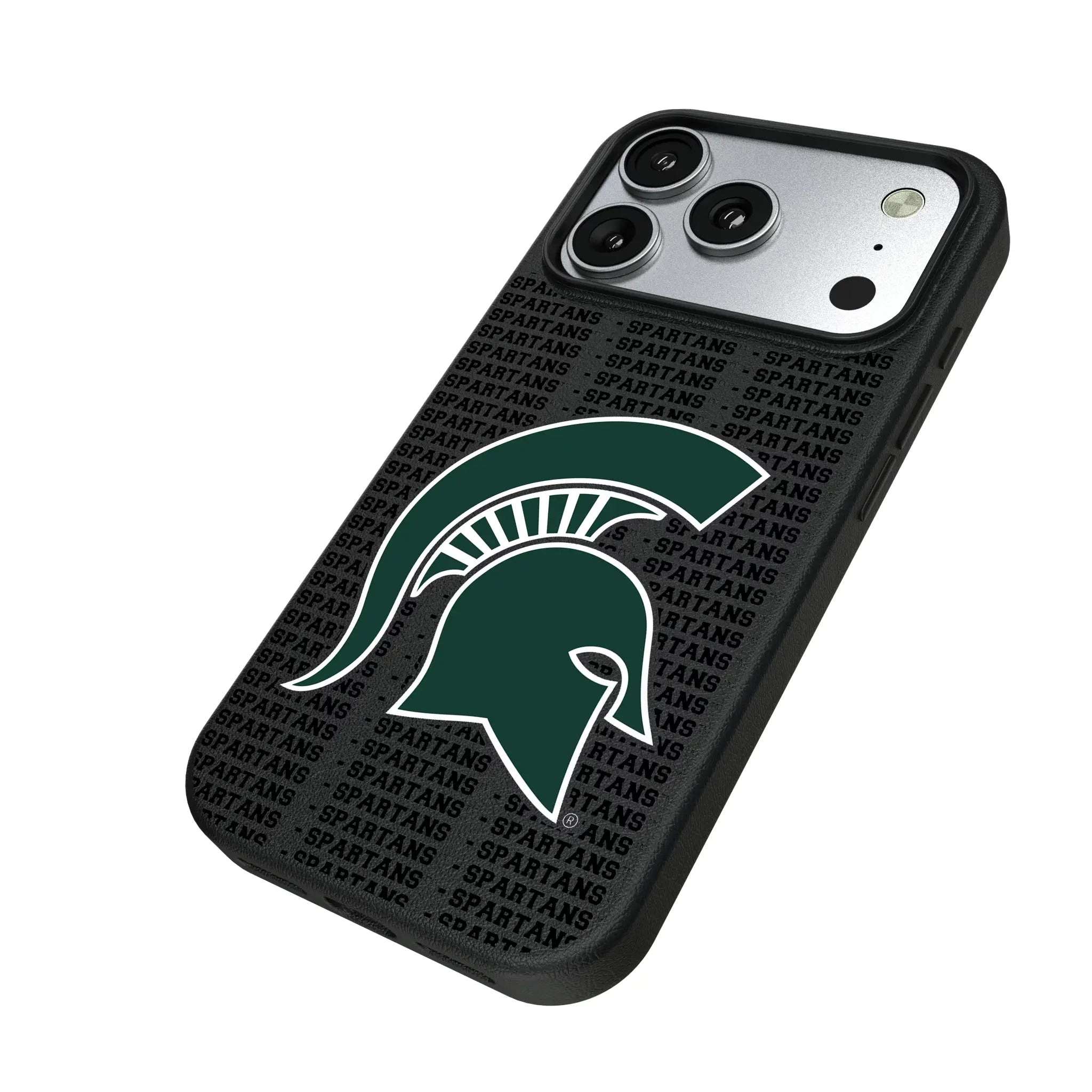 Michigan State University Spartans Text Backdrop iPhone MagSafe Compatible Phone Case for Apple iPhone - Isometric View#Device_iPhone 17 Pro