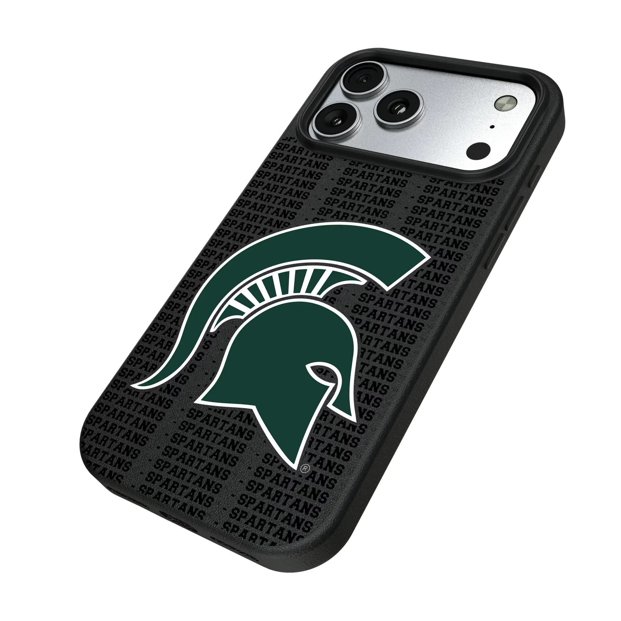 Michigan State University Spartans Text Backdrop iPhone MagSafe Compatible Phone Case for Apple iPhone - Isometric View#Device_iPhone 17 Pro Max