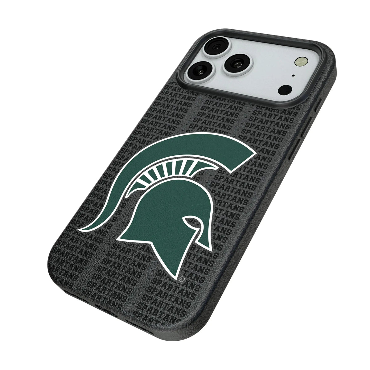 Michigan State University Spartans Text Backdrop iPhone MagSafe Compatible Phone Case for Apple iPhone - Isometric View#Device_iPhone 18 Pro Max