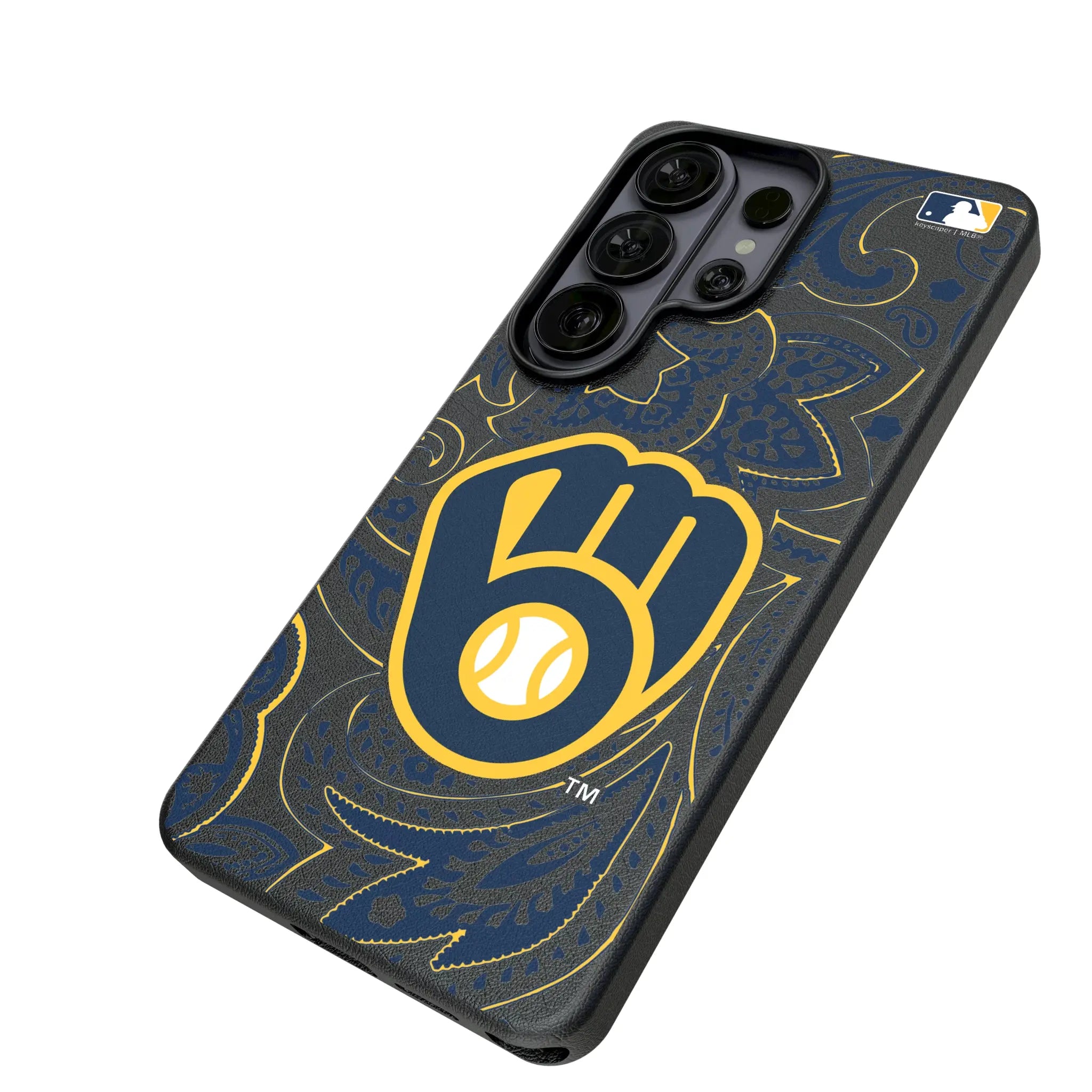 Milwaukee Brewers Paisley Galaxy MagSafe Compatible Phone Case for Samsung Galaxy - Isometric View#Device_Galaxy S26 Ultra