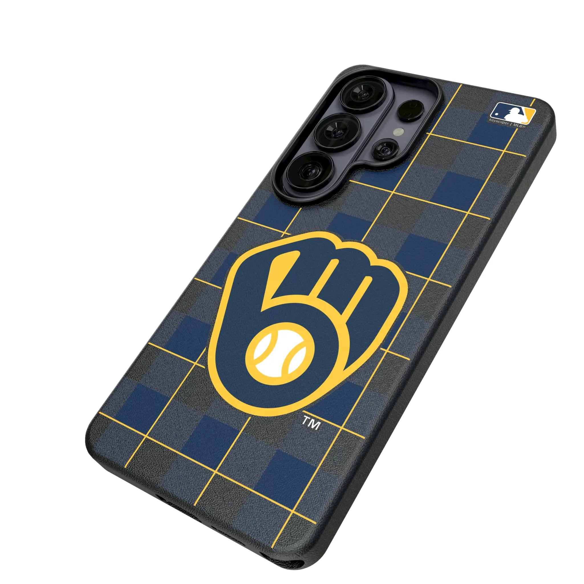Milwaukee Brewers Plaid Galaxy MagSafe Compatible Phone Case for Samsung Galaxy - Isometric View#Device_Galaxy S26 Ultra