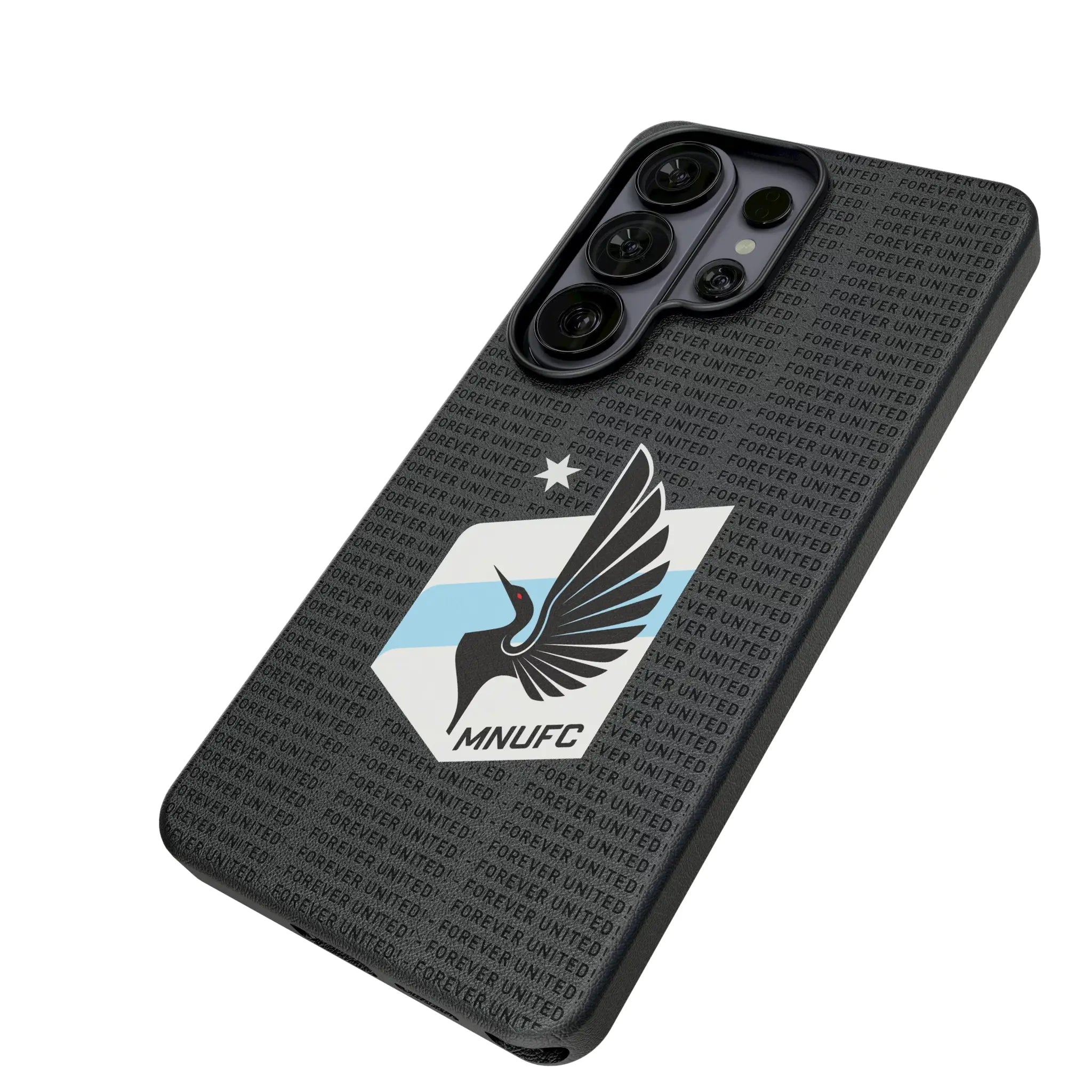 Minnesota United FC Text Backdrop Galaxy MagSafe Compatible Phone Case for Samsung Galaxy - Isometric View#Device_Galaxy S26 Ultra