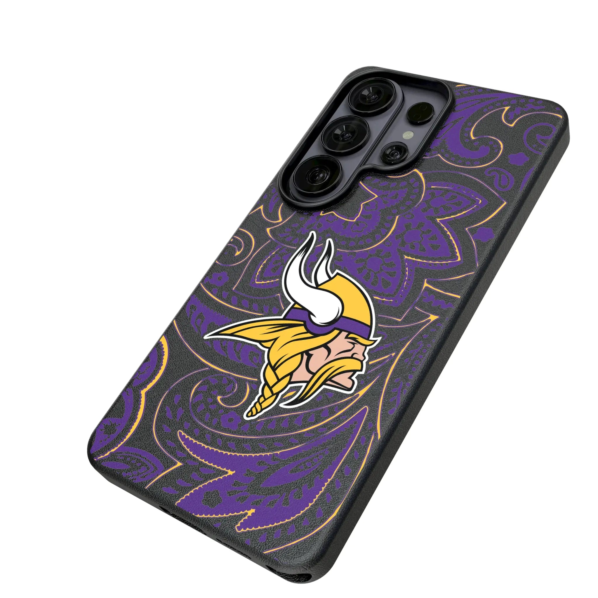 Minnesota Vikings Paisley Galaxy MagSafe Compatible Phone Case for Samsung Galaxy - Isometric View#Device_Galaxy S26 Ultra