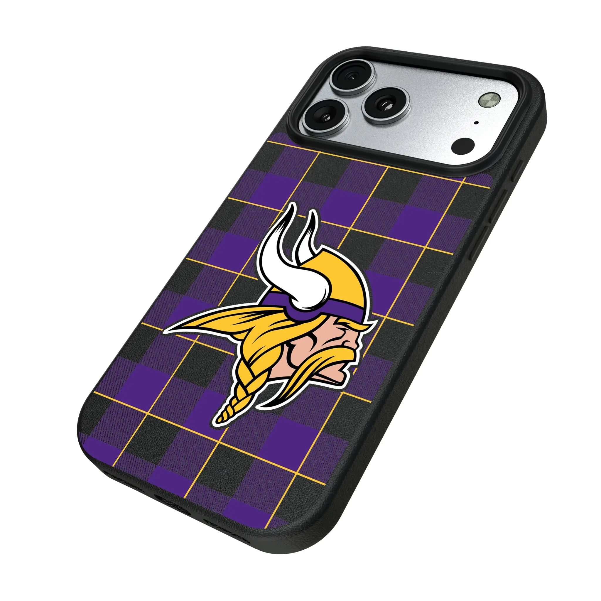 Minnesota Vikings Plaid iPhone MagSafe Compatible Phone Case for Apple iPhone - Isometric View#Device_iPhone 17 Pro Max