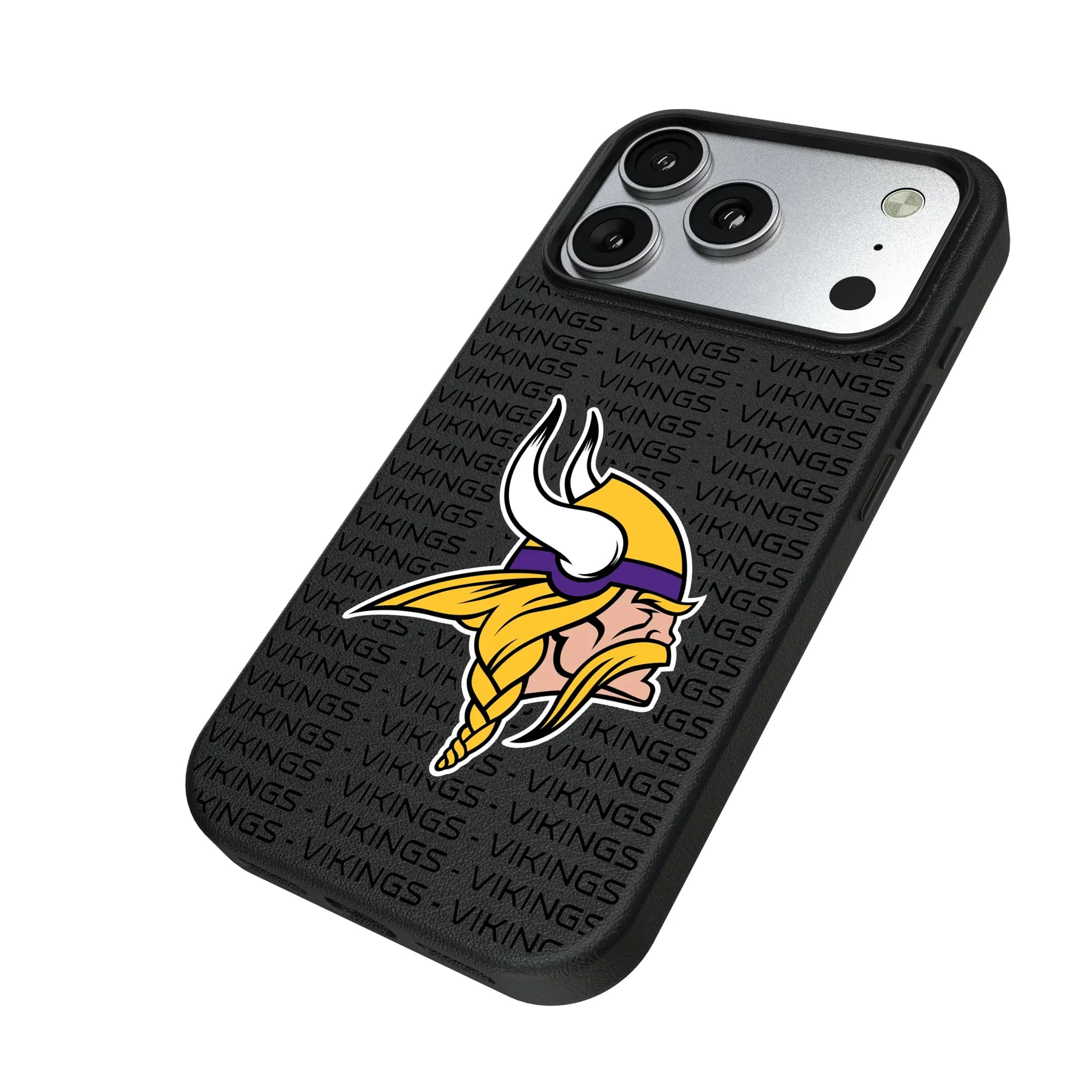 Minnesota Vikings Text Backdrop iPhone MagSafe Compatible Phone Case for Apple iPhone - Isometric View#Device_iPhone 17 Pro