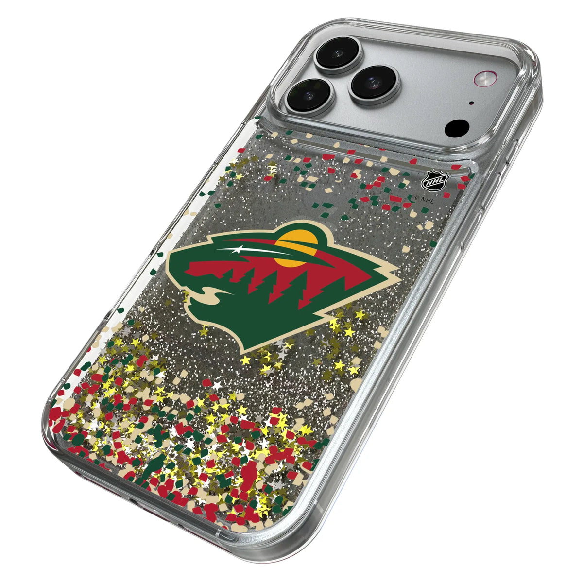 Minnesota Wild Confetti iPhone Glitter Phone Case for Apple iPhone - Isometric View#Device_iPhone 17 Pro Max