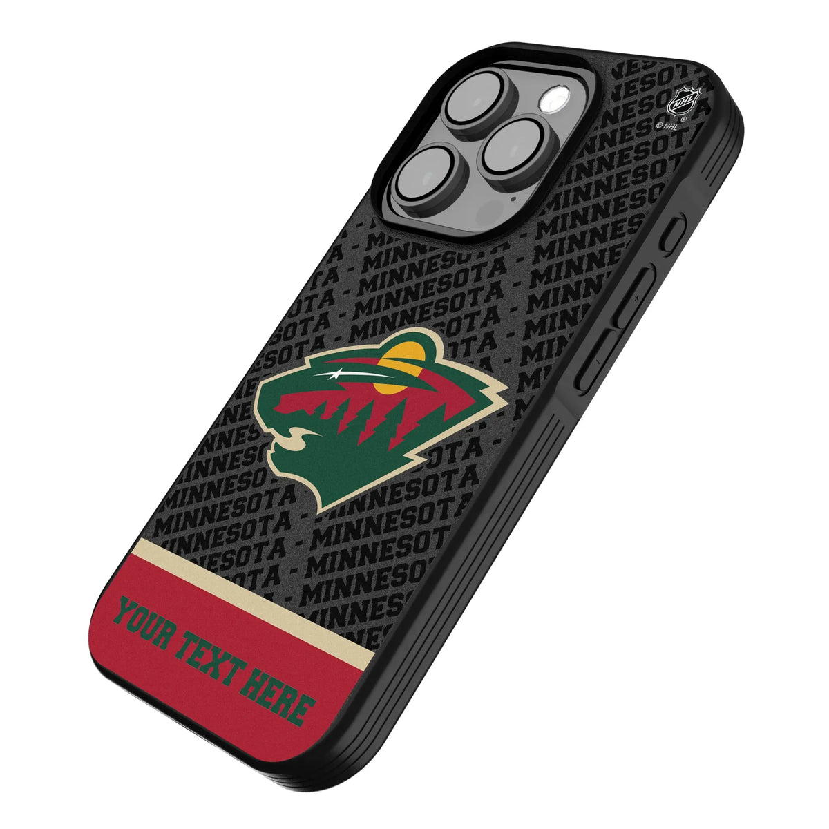 Minnesota Wild Personalized EndZone Plus iPhone Bump Phone Case for Apple iPhone - Isometric View#Device_iPhone 15 Pro
