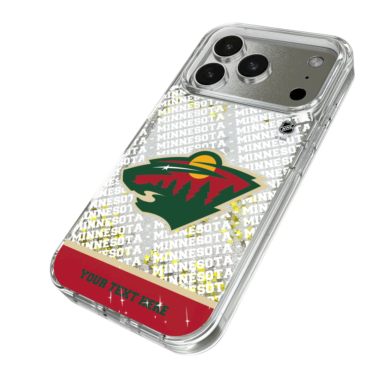Minnesota Wild Personalized EndZone Plus iPhone Glitter Phone Case for Apple iPhone - Isometric View#Device_iPhone 17 Pro