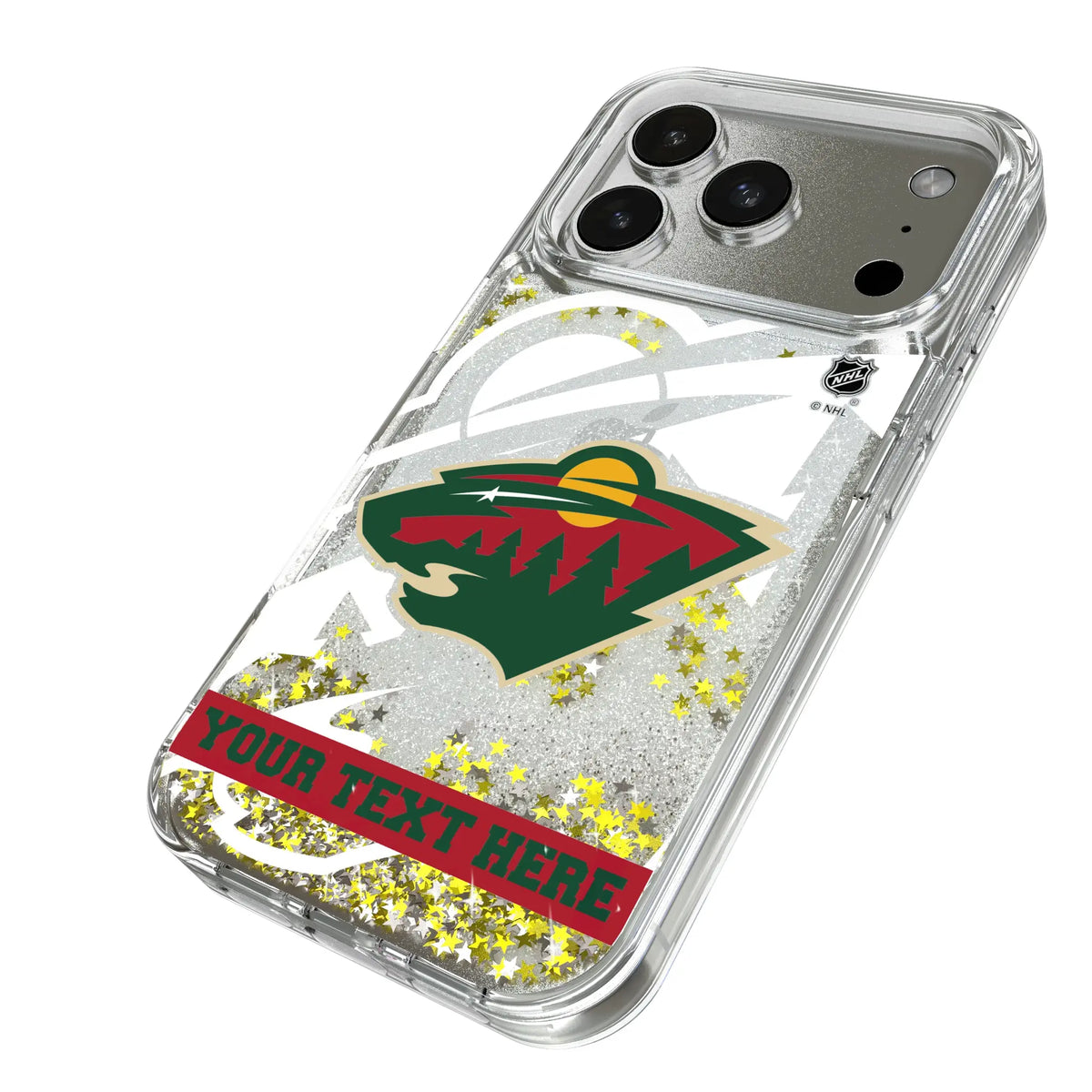 Minnesota Wild Personalized Tilt iPhone Glitter Phone Case for Apple iPhone - Isometric View#Device_iPhone 17 Pro