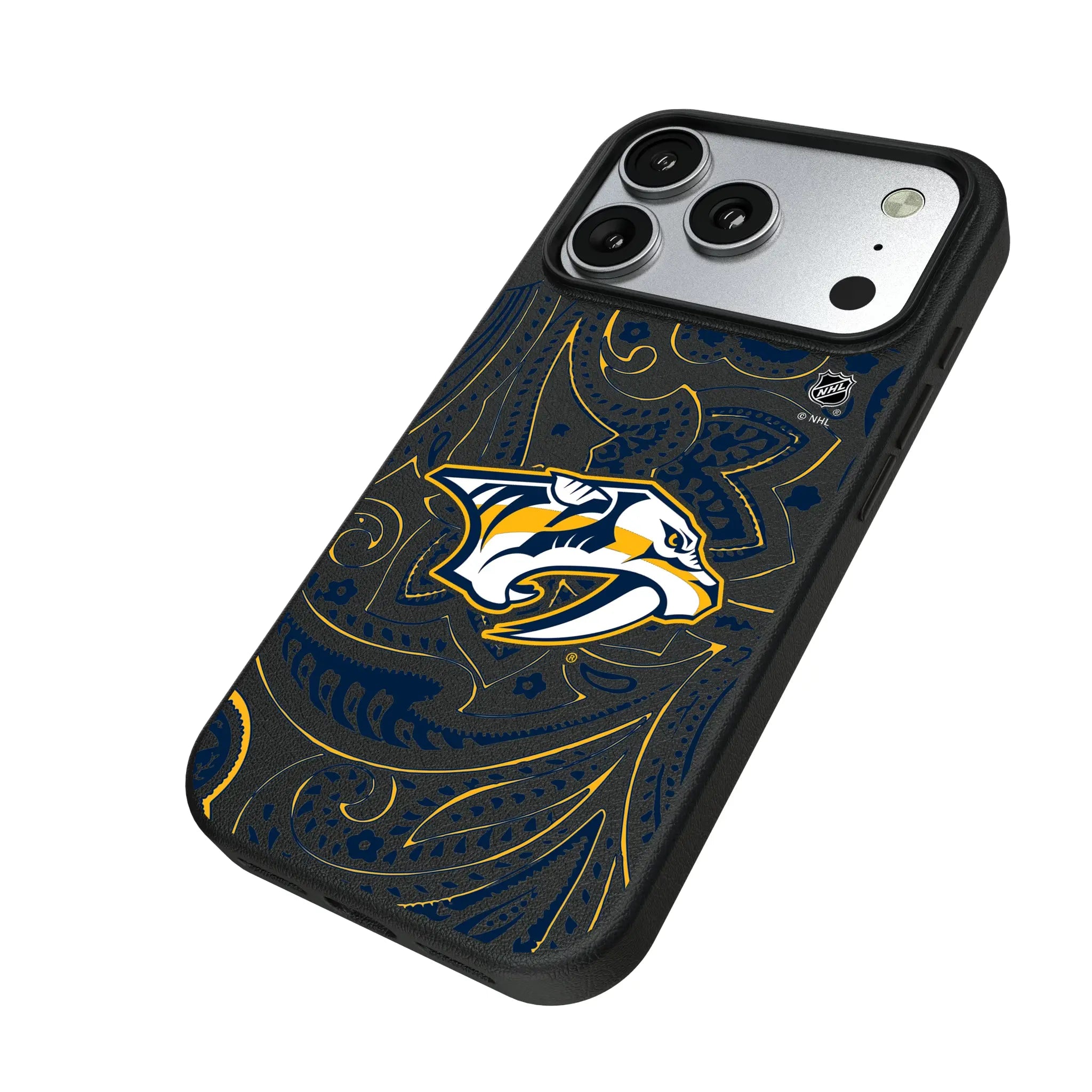 Nashville Predators Paisley iPhone MagSafe Compatible Phone Case for Apple iPhone - Isometric View#Device_iPhone 17 Pro