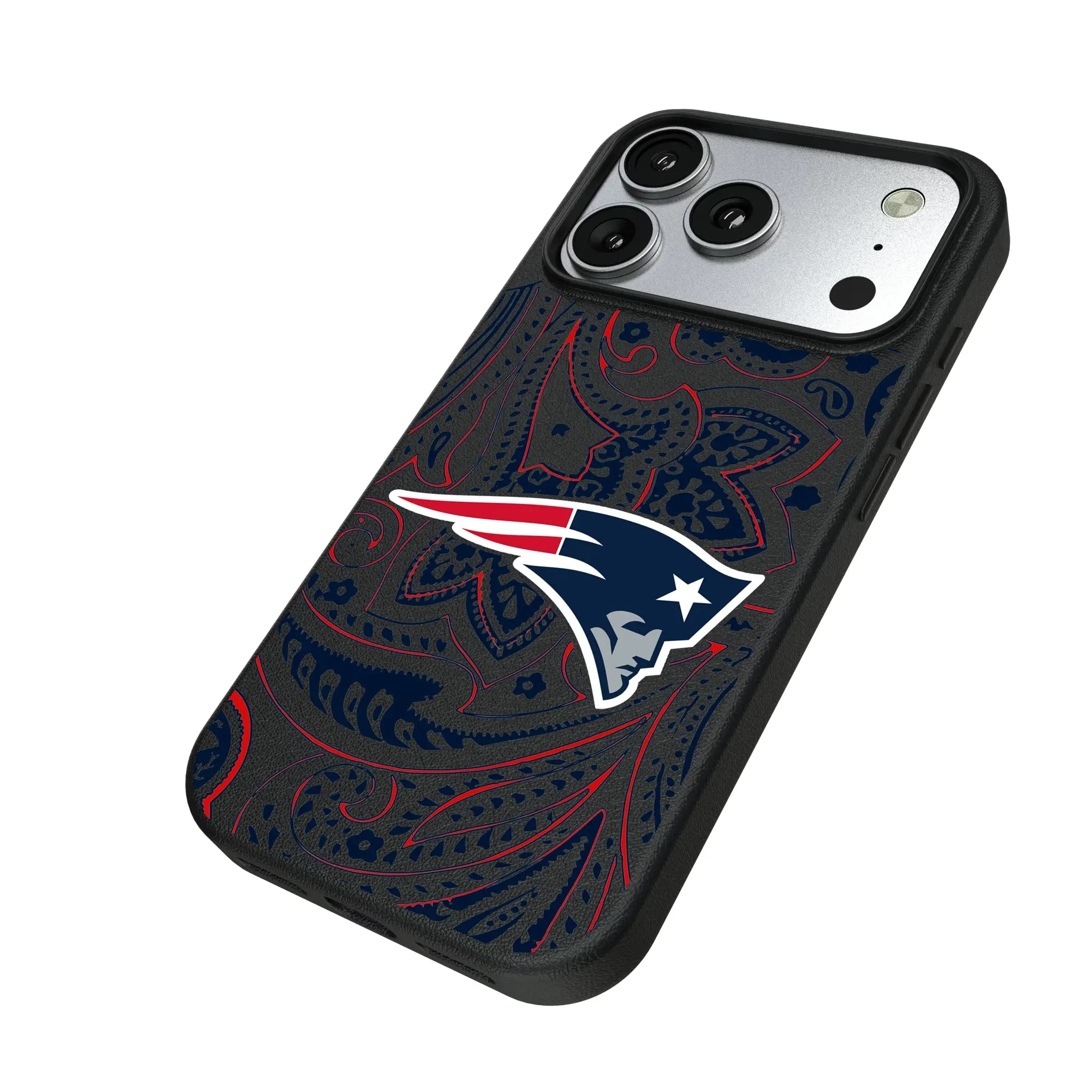 New England Patriots Paisley iPhone MagSafe Compatible Phone Case for Apple iPhone - Isometric View#Device_iPhone 17 Pro