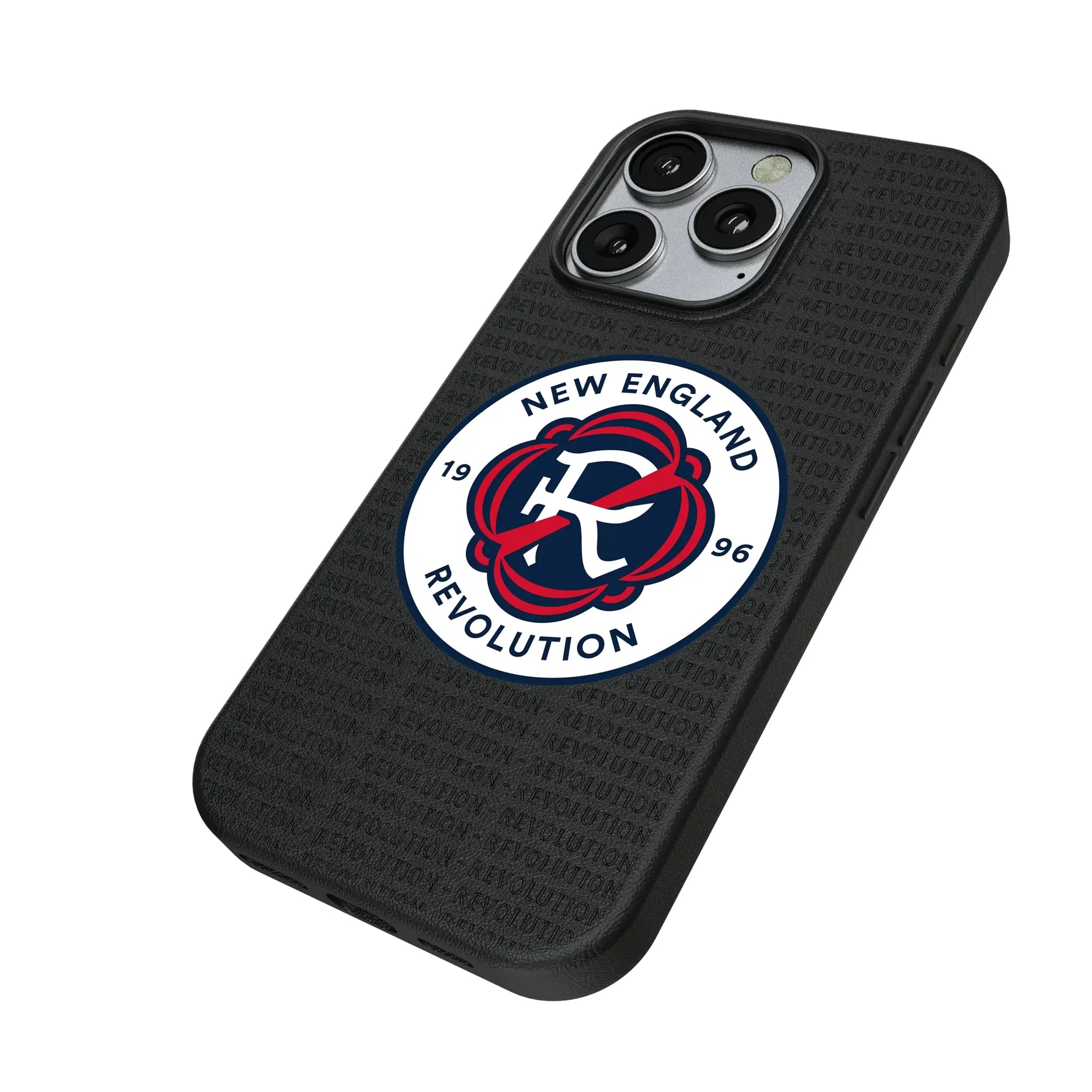 New England Revolution Text Backdrop iPhone MagSafe Compatible Phone Case for Apple iPhone - Isometric View