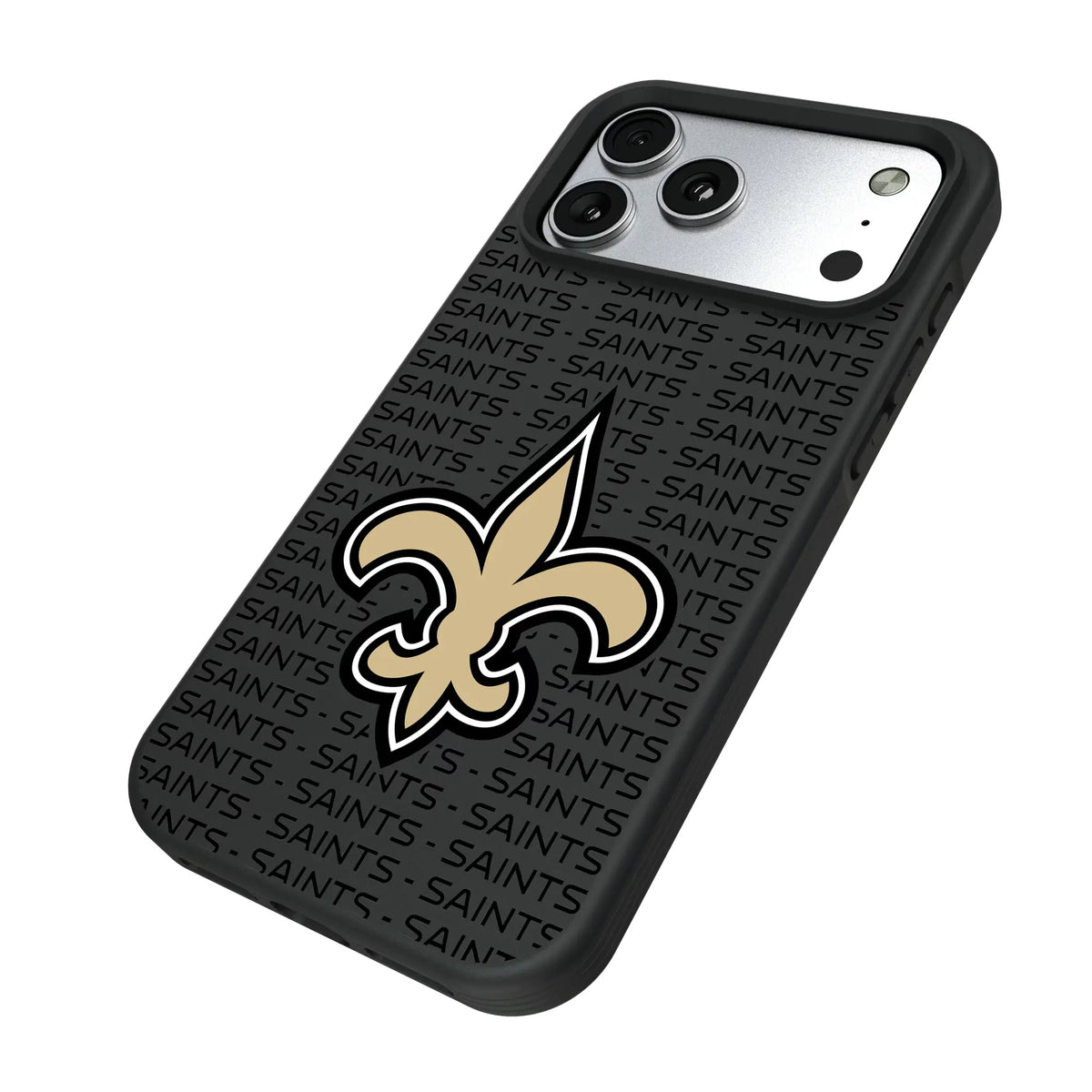 New Orleans Saints Text Backdrop iPhone Bump Phone Case for Apple iPhone - Isometric View#Device_iPhone 17 Pro Max