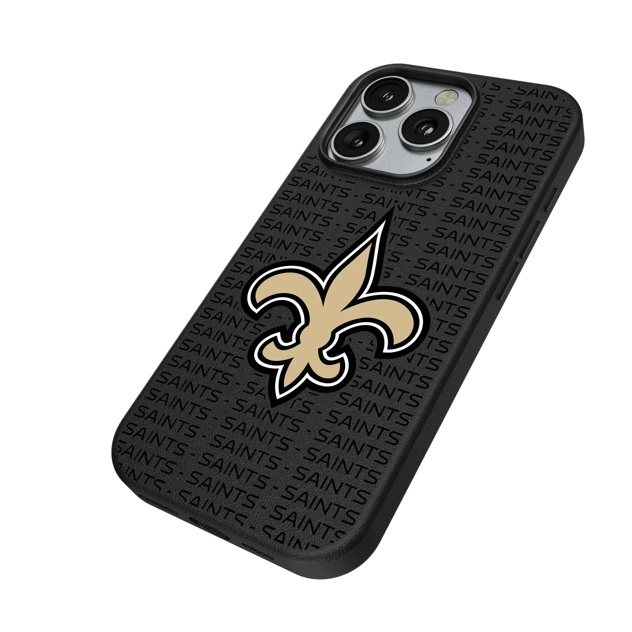New Orleans Saints Text Backdrop iPhone MagSafe Compatible Phone Case for Apple iPhone - Isometric View