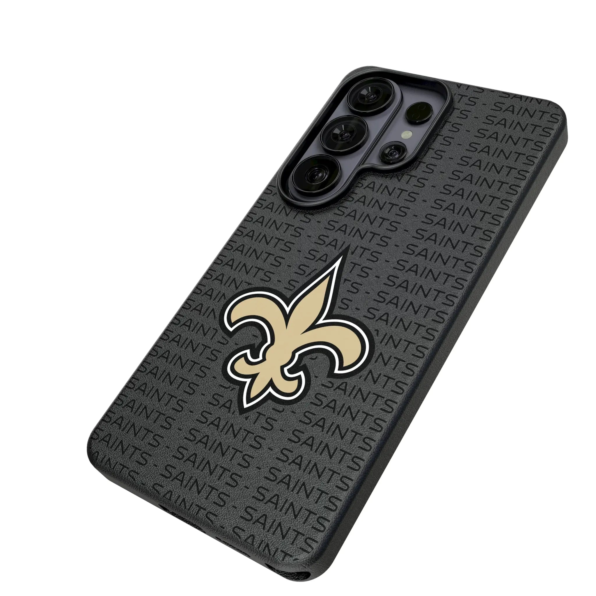 New Orleans Saints Text Backdrop Galaxy MagSafe Compatible Phone Case for Samsung Galaxy - Isometric View#Device_Galaxy S26 Ultra