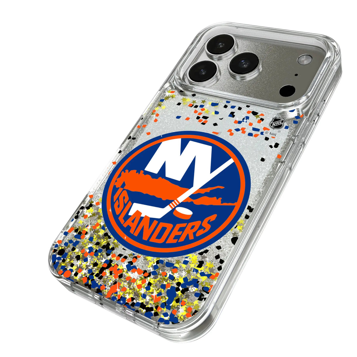 New York Islanders Confetti iPhone Glitter Phone Case for Apple iPhone - Isometric View#Device_iPhone 17 Pro