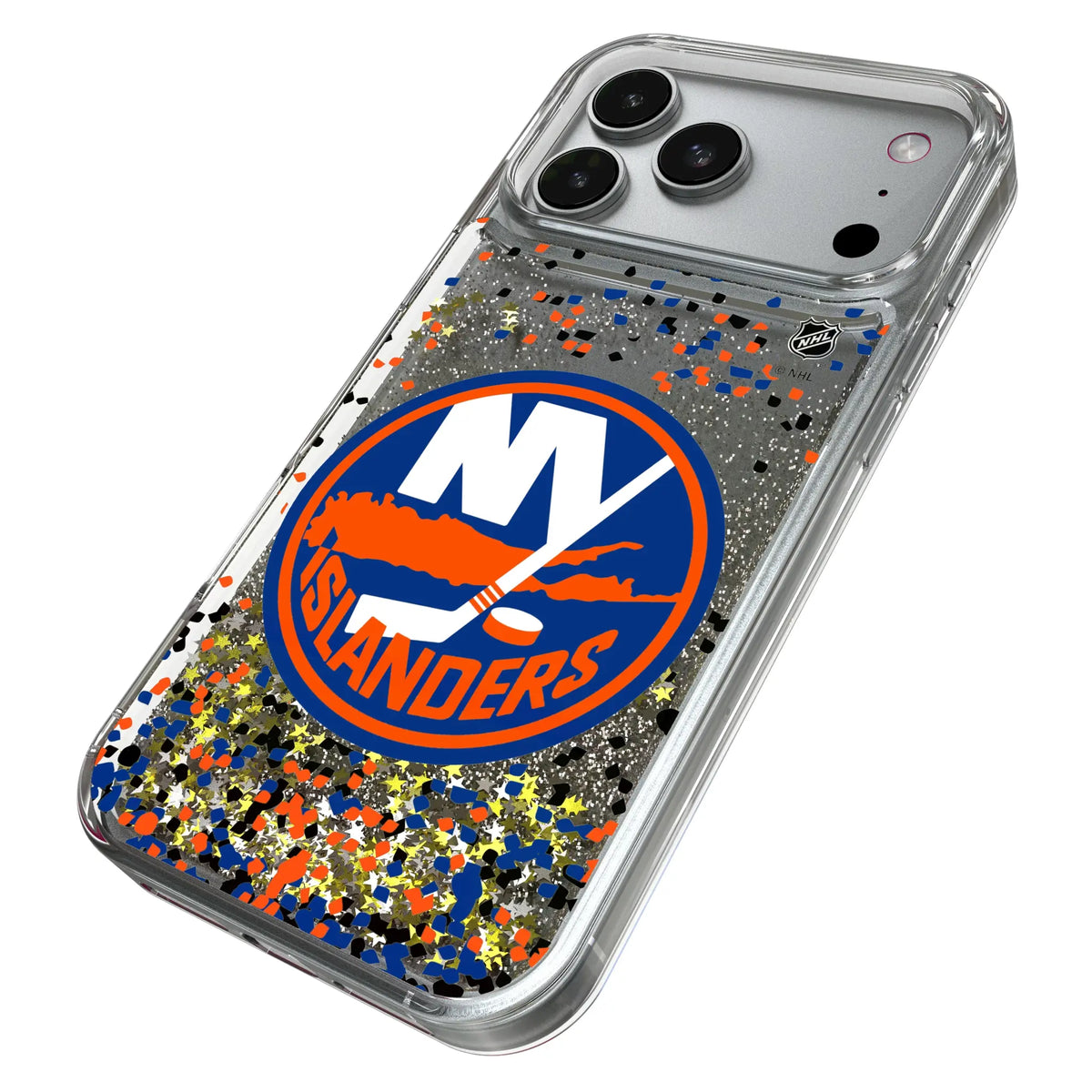 New York Islanders Confetti iPhone Glitter Phone Case for Apple iPhone - Isometric View#Device_iPhone 17 Pro Max