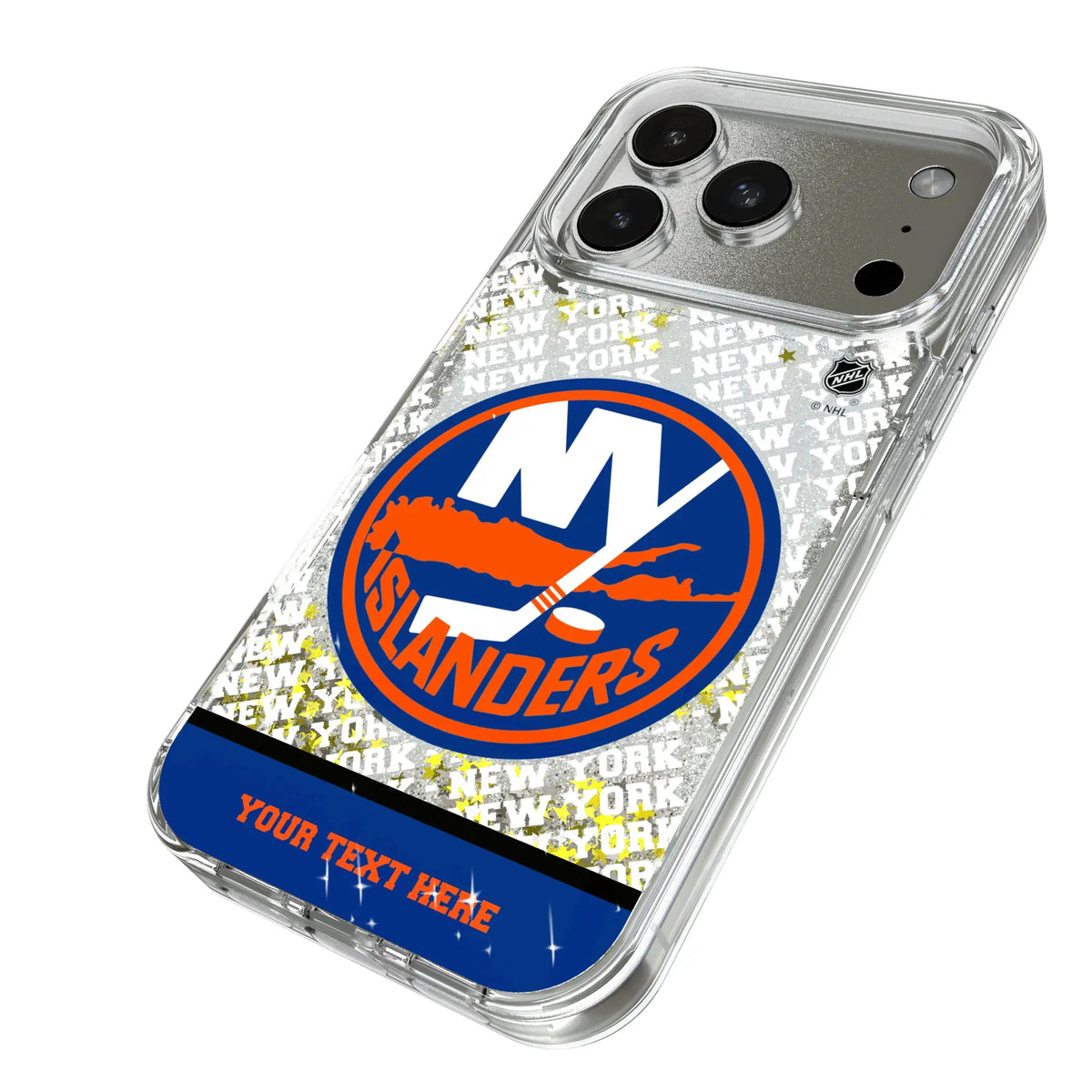 New York Islanders Personalized EndZone Plus iPhone Glitter Phone Case for Apple iPhone - Isometric View#Device_iPhone 17 Pro