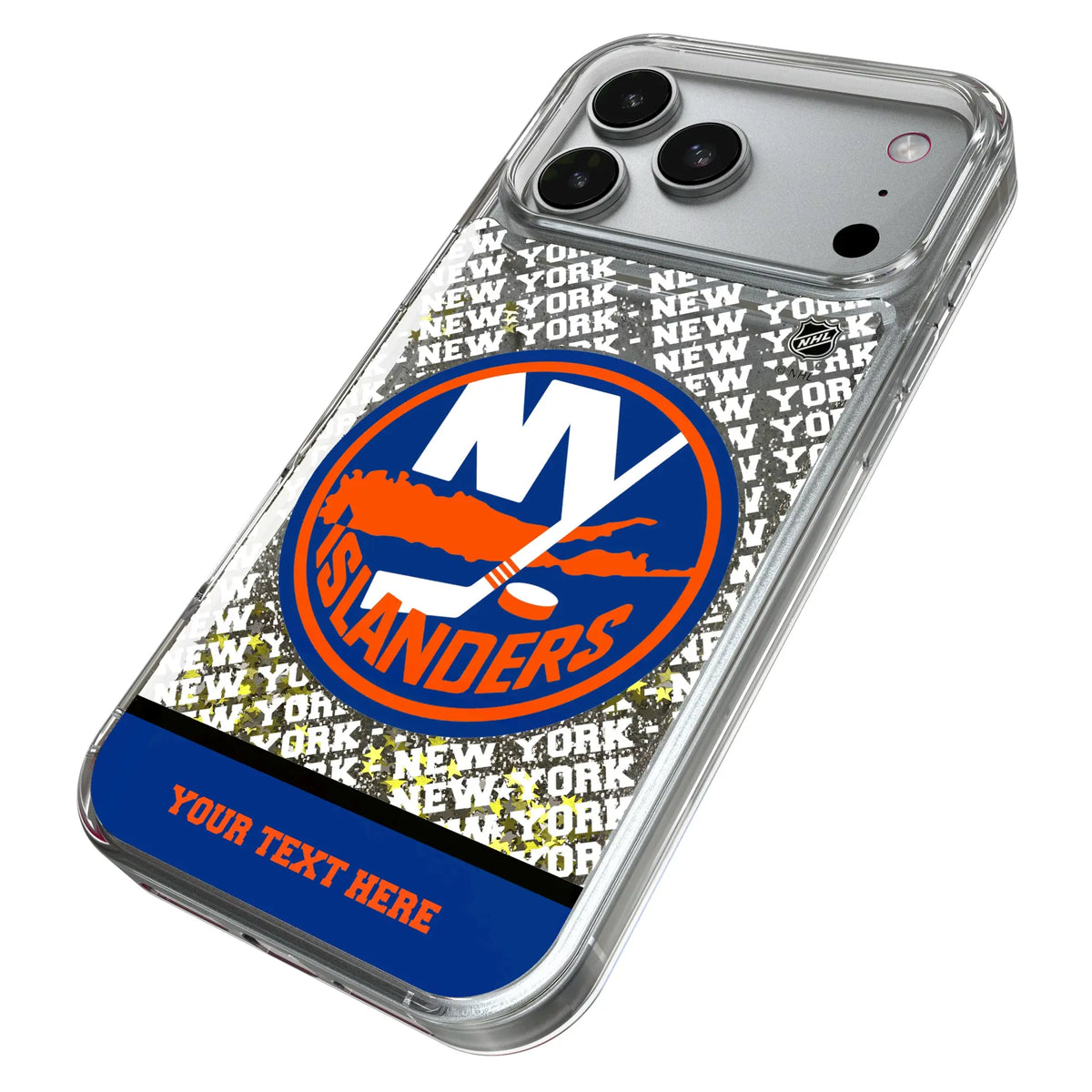 New York Islanders Personalized EndZone Plus iPhone Glitter Phone Case for Apple iPhone - Isometric View#Device_iPhone 17 Pro Max