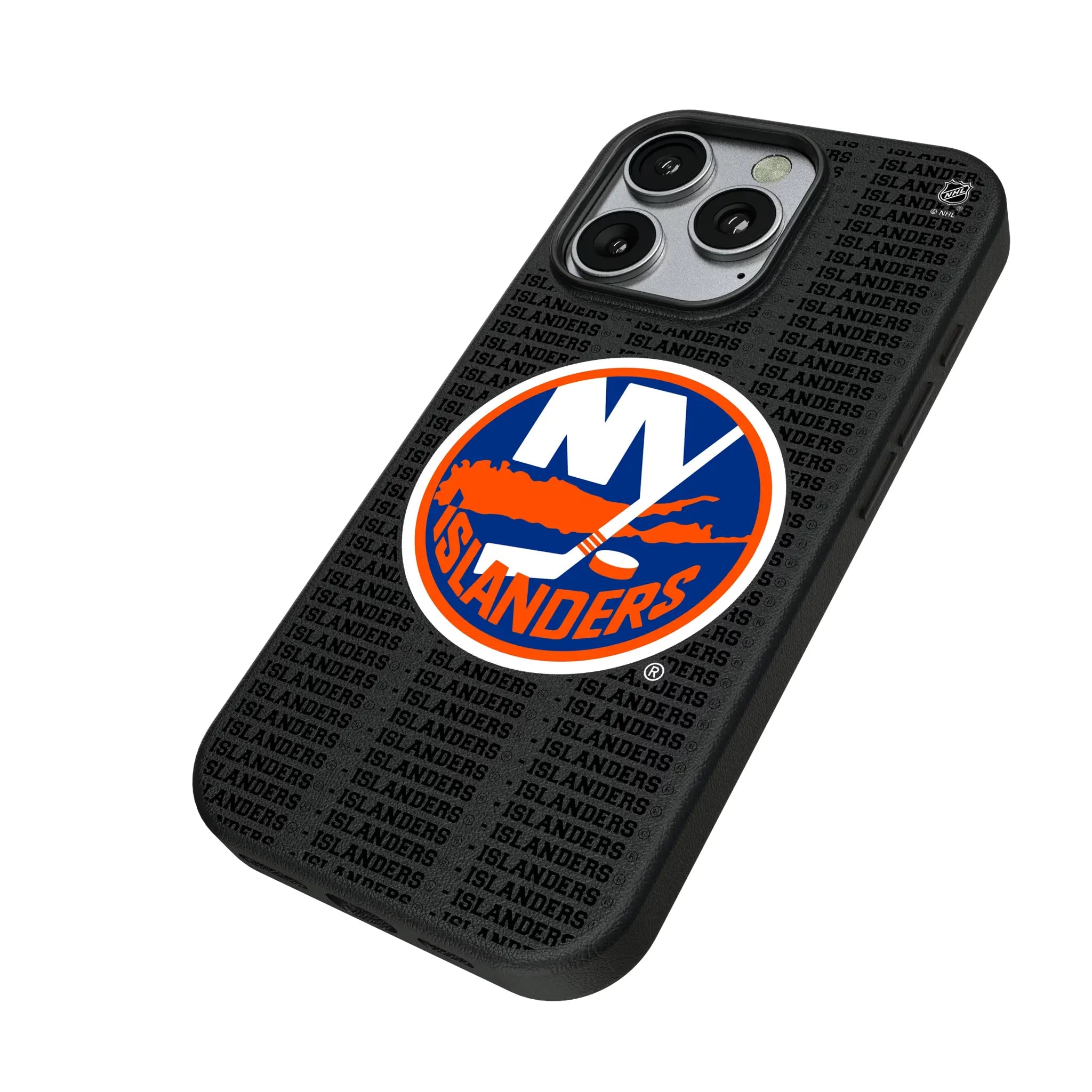 New York Islanders Text Backdrop iPhone MagSafe Compatible Phone Case for Apple iPhone - Isometric View