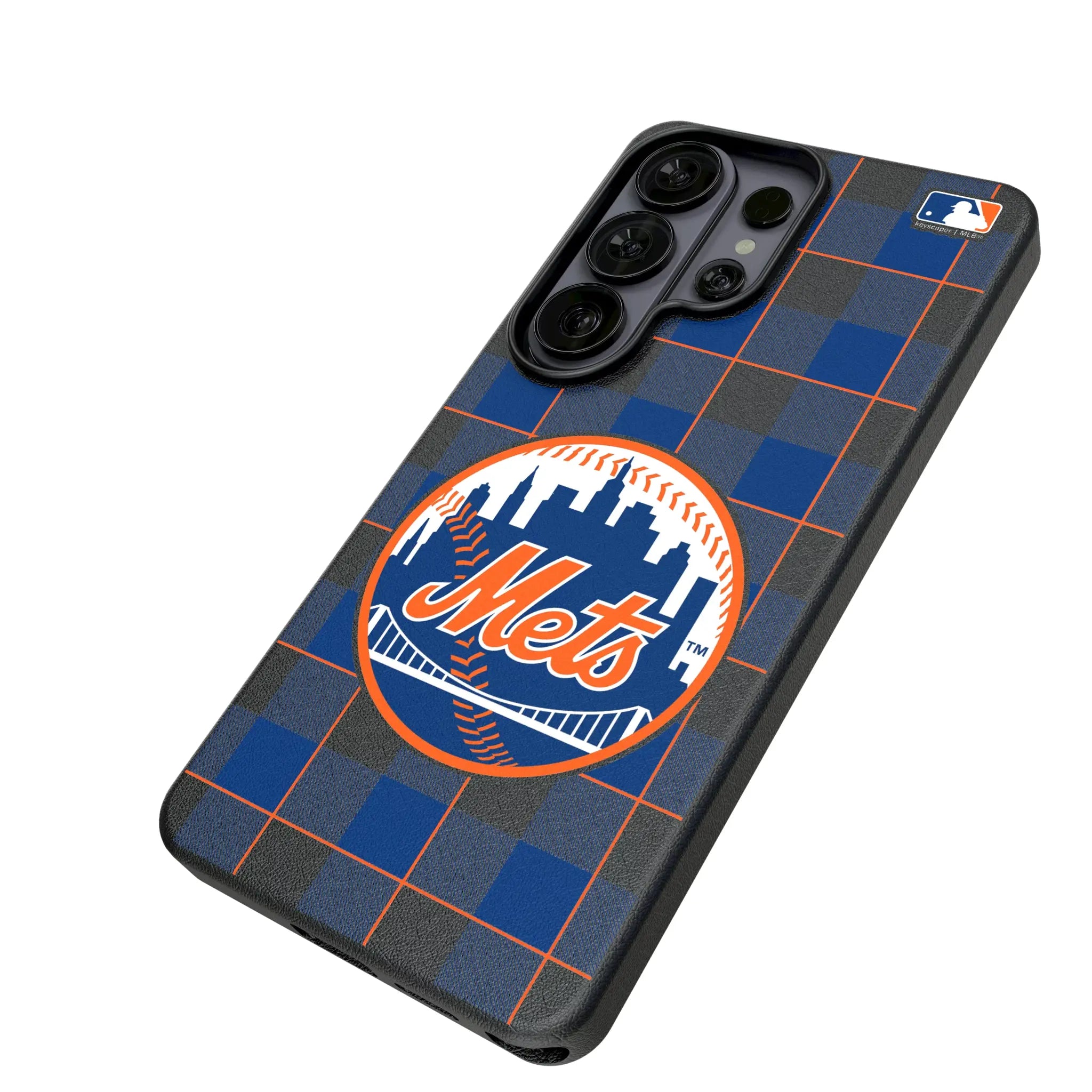 New York Mets Plaid Galaxy MagSafe Compatible Phone Case for Samsung Galaxy - Isometric View#Device_Galaxy S26 Ultra