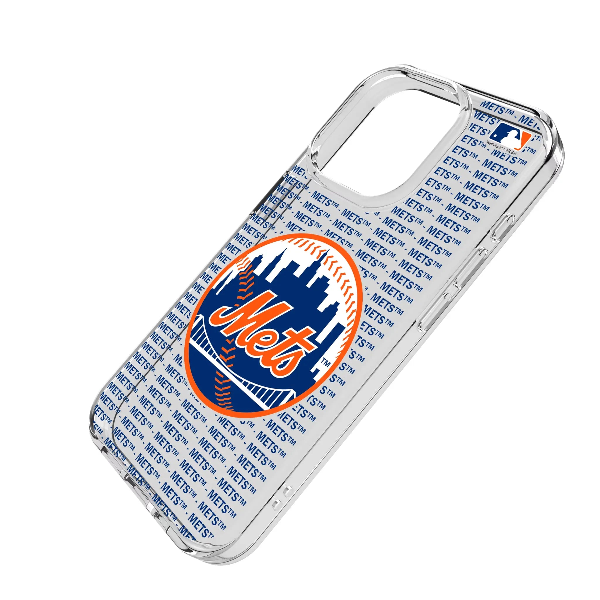 New York Mets Text Backdrop iPhone Clear Phone Case for Apple iPhone - Isometric View