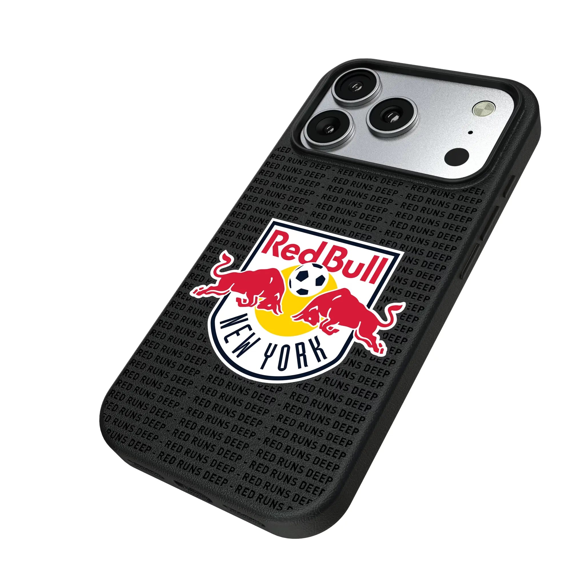 New York Red Bulls Text Backdrop iPhone MagSafe Compatible Phone Case for Apple iPhone - Isometric View#Device_iPhone 17 Pro