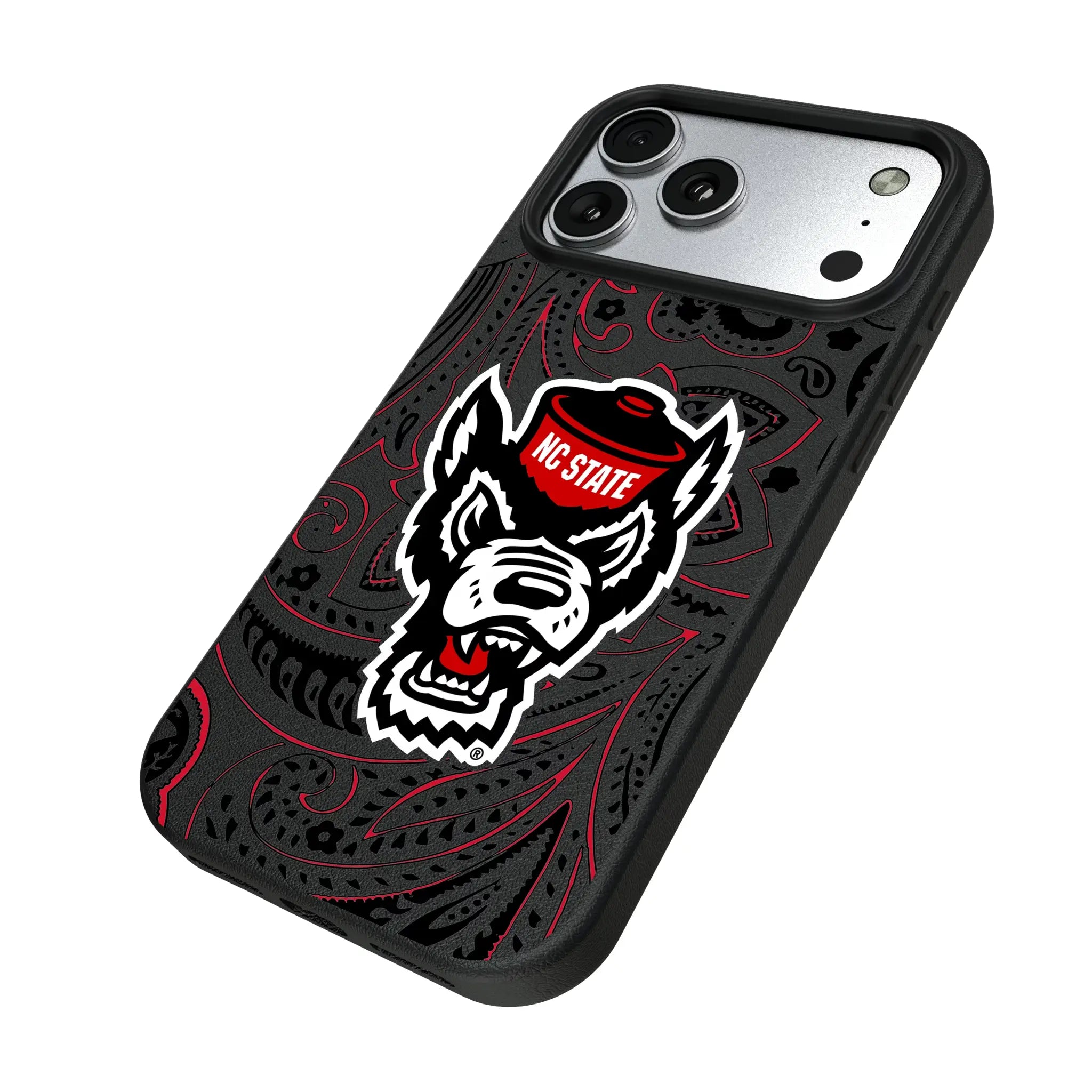 North Carolina State University Wolfpack Paisley iPhone MagSafe Compatible Phone Case for Apple iPhone - Isometric View#Device_iPhone 17 Pro Max