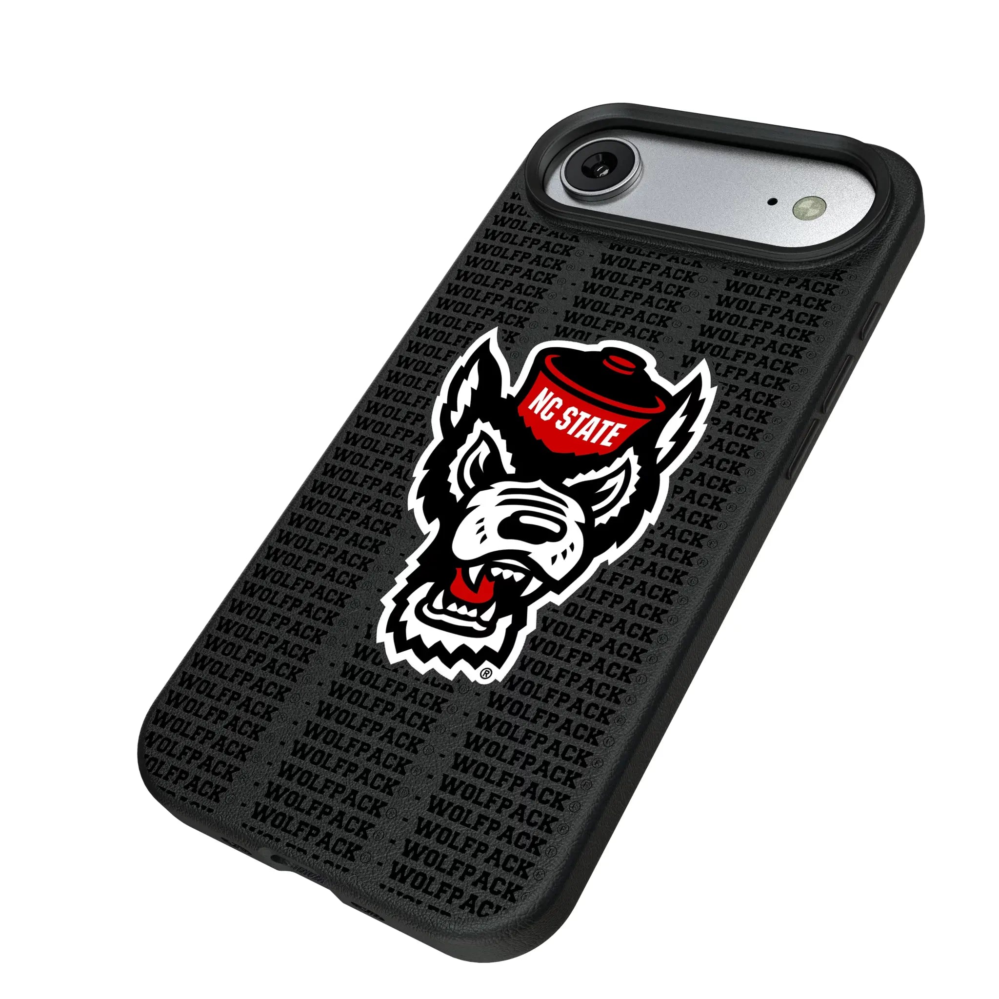 North Carolina State University Wolfpack Text Backdrop iPhone MagSafe Compatible Phone Case for Apple iPhone - Isometric View#Device_iPhone Air