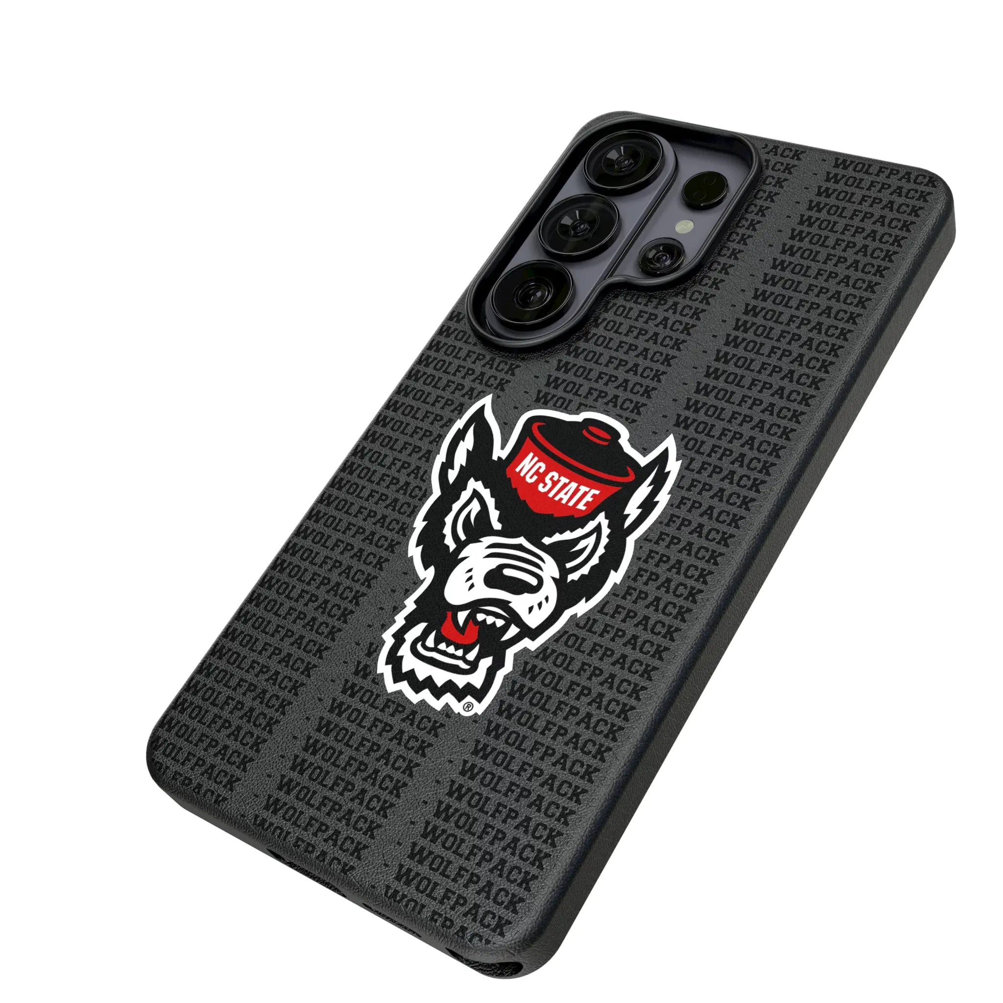 North Carolina State University Wolfpack Text Backdrop Galaxy MagSafe Compatible Phone Case for Samsung Galaxy - Isometric View#Device_Galaxy S26 Ultra