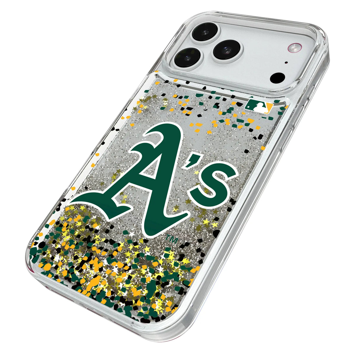 Oakland Athletics Confetti iPhone Glitter Phone Case for Apple iPhone - Isometric View#Device_iPhone 18 Pro Max