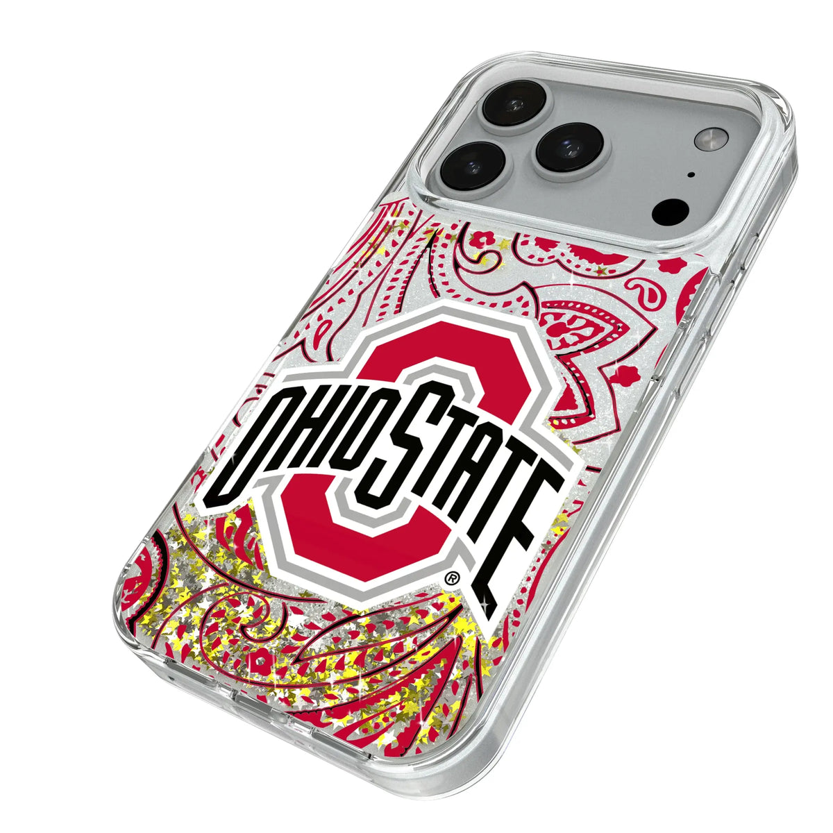 Ohio State University Buckeyes Paisley iPhone Glitter Phone Case for Apple iPhone - Isometric View#Device_iPhone 18 Pro