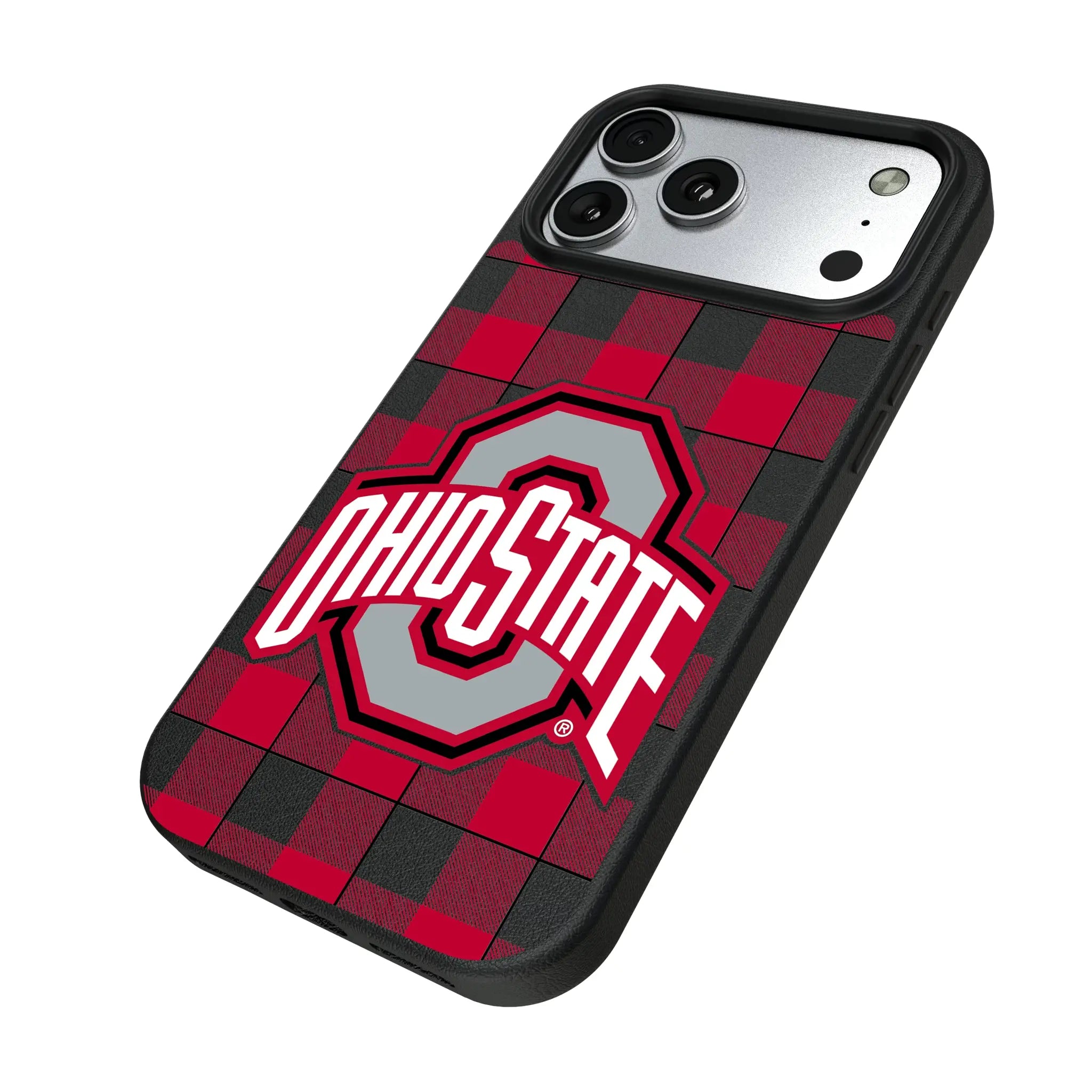Ohio State University Buckeyes Plaid iPhone MagSafe Compatible Phone Case for Apple iPhone - Isometric View#Device_iPhone 17 Pro Max
