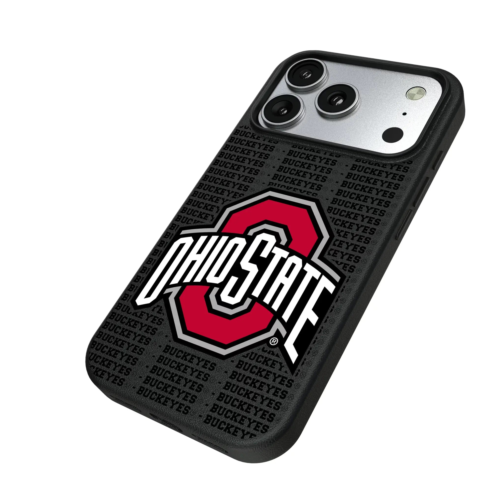 Ohio State University Buckeyes Text Backdrop iPhone MagSafe Compatible Phone Case for Apple iPhone - Isometric View#Device_iPhone 17 Pro