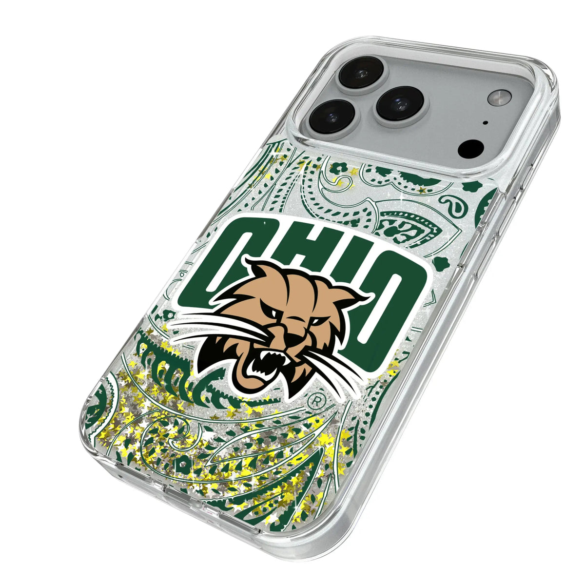 Ohio University Bobcats Paisley iPhone Glitter Phone Case for Apple iPhone - Isometric View#Device_iPhone 18 Pro